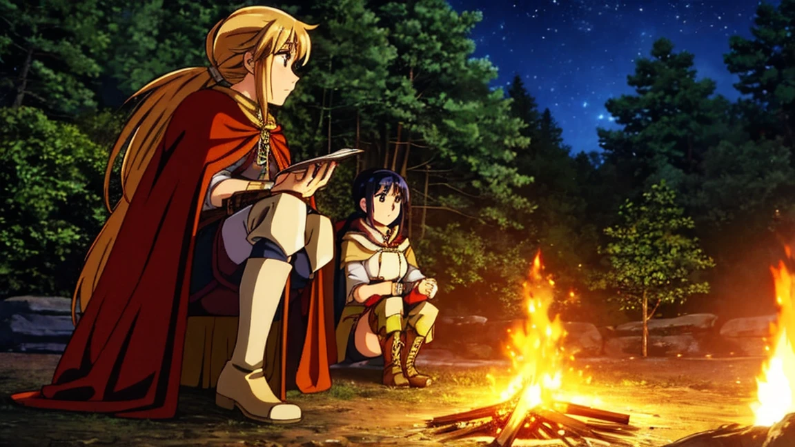 A human female adventurer camping outdoors in a fantasy game world, illustrated in a Japanese anime style. She is sitting on a log near a campfire, with her long, flowing hair tied back in a ponytail. She is dressed in detailed medieval-style adventurer clothing with leather armor, a cape, and boots. Her large, expressive eyes are highlighted by the warm, flickering campfire light, and she has a thoughtful expression as she gazes into the fire. The background features a dense, enchanted forest under a starry night sky. The scene is detailed with vibrant colors and a focus on anime aesthetics. 1920x1080 resolution.