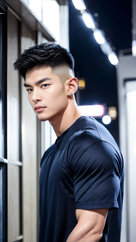 korea male male model, big muscles, handsome, cool, smoothly combed hair, pierced ears, wearing a t-shirt navy top, holding a lollipop, portraiture, modeling, dynamic pose, Japanese street, late at night, store lights trade, full half body shot