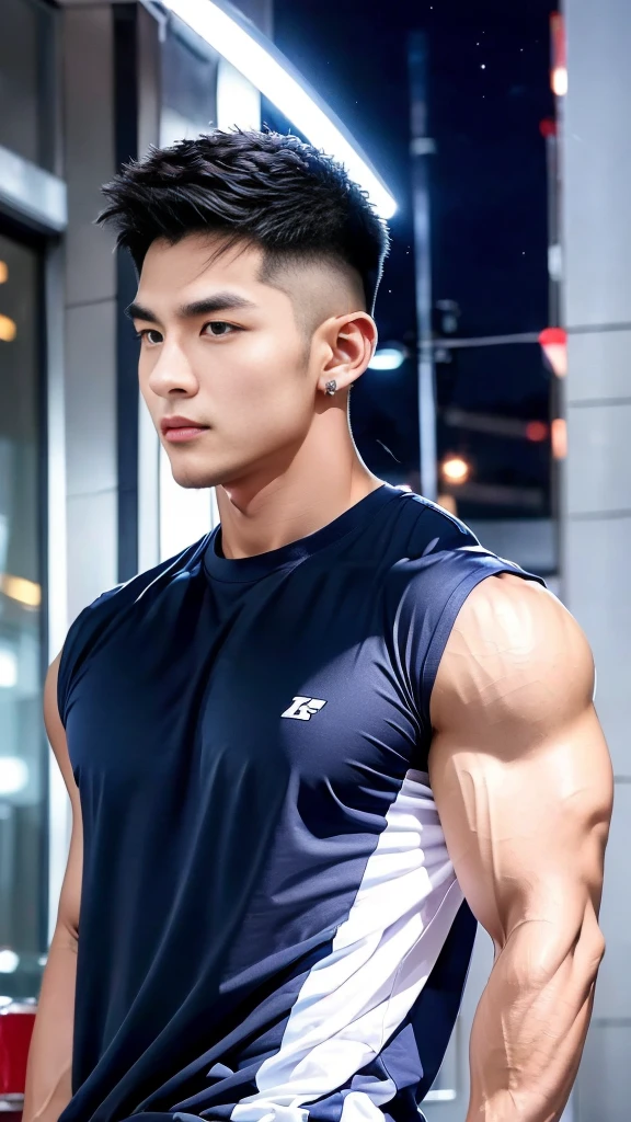 korea male male model, big muscles, handsome, cool, smoothly combed hair, pierced ears, wearing a t-shirt navy top, holding a lollipop, portraiture, modeling, dynamic pose, Japanese street, late at night, store lights trade, full half body shot