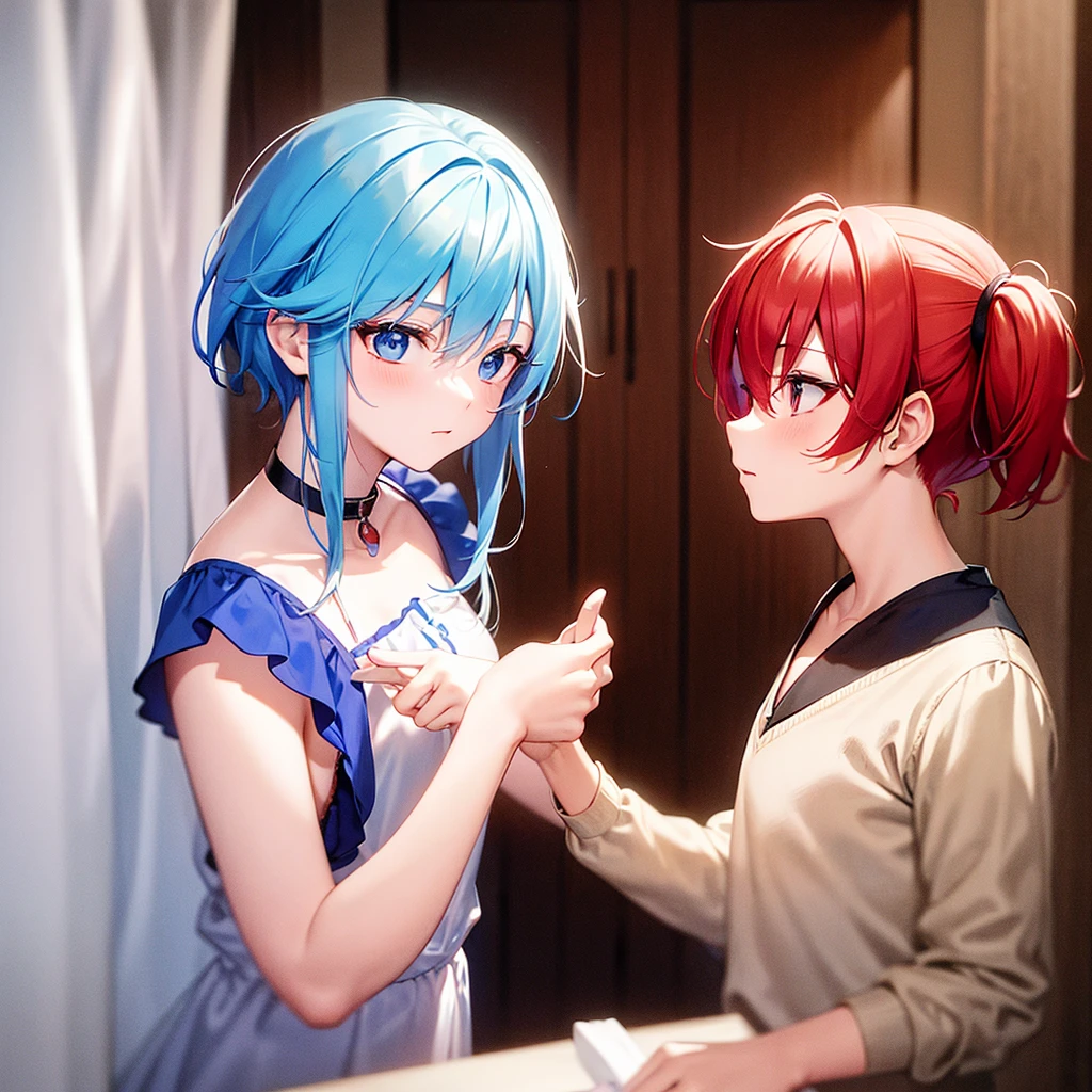 The boy with red and white hair is with the girl with blue hair in the room