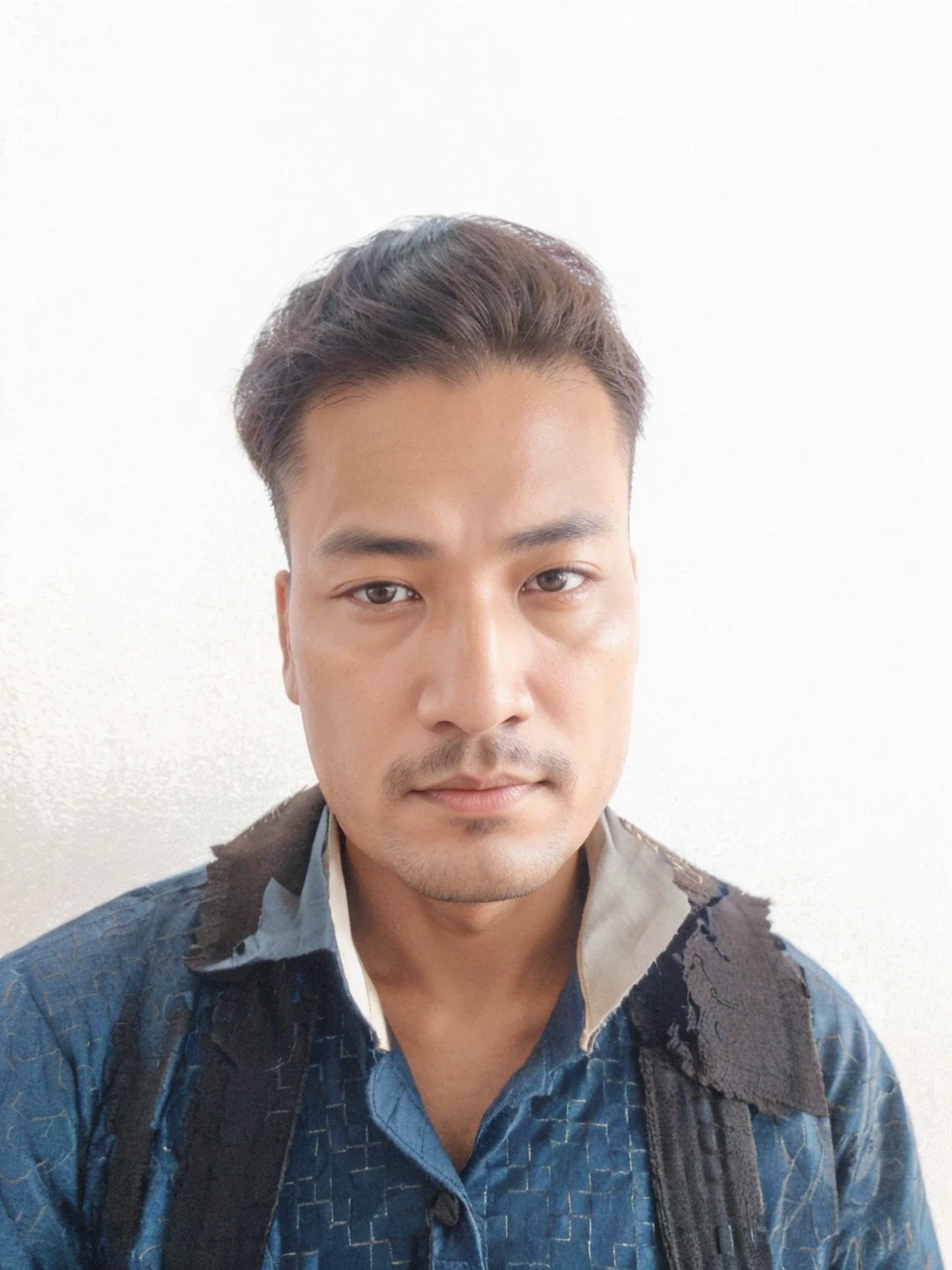 Chinese emperor, black hat, no beard, about 30 years old, face relatively large, brown silk solid color simple official uniform, thin color dragon texture embroidered with openwork embroidery on the clothes, realistic face close-up, character photography, solid color simple background, ambient light, background light, Tyndall light