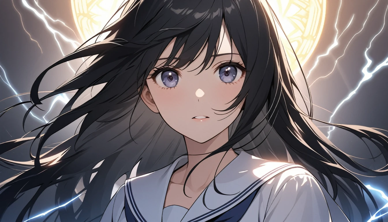 A high school girl in a summer sailor uniform,

A design and expression that will shock you as if you were struck by lightning.

The summer sun shines on her. Black hair, straight, long, shiny hair. The background is a light, cool, 

The image is vividly rendered with a touch that reproduces a dainty maiden.