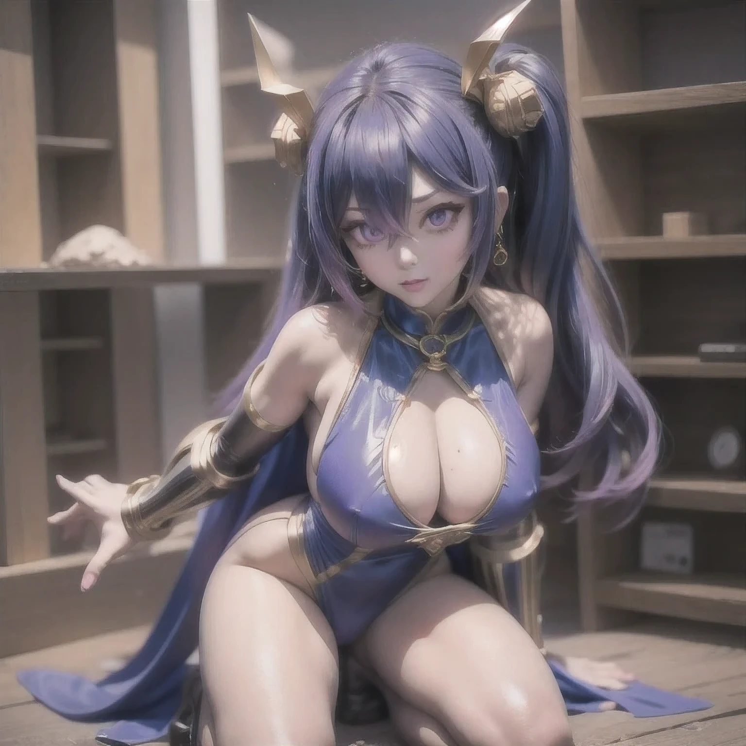 araffed Purple Powder Queen in a blue and gold outfit posing for a picture,Purple Powder Queen oppai, 8k octae render photo, giant stunning goddess shot, anime goddess, granblue fantasy, 8k artgerm bokeh, sfw version, ayaka game genshin impact, ayaka genshin impact, wlop and artgerm(masterpiece, best quality:1.2), 1girl, solo，Modern woman in blue and gold outfit posing for camera, The Opai of Biomechanics, 8k Octave Rendering Photo, giant stunning goddess shot, Anime Goddess, granblue fantasy, 8k Artistic German Bokeh, SFW version, Ayaka Game Genshin Impact, Ayaka Genshin Impact, wlop and Purple Powder Queen