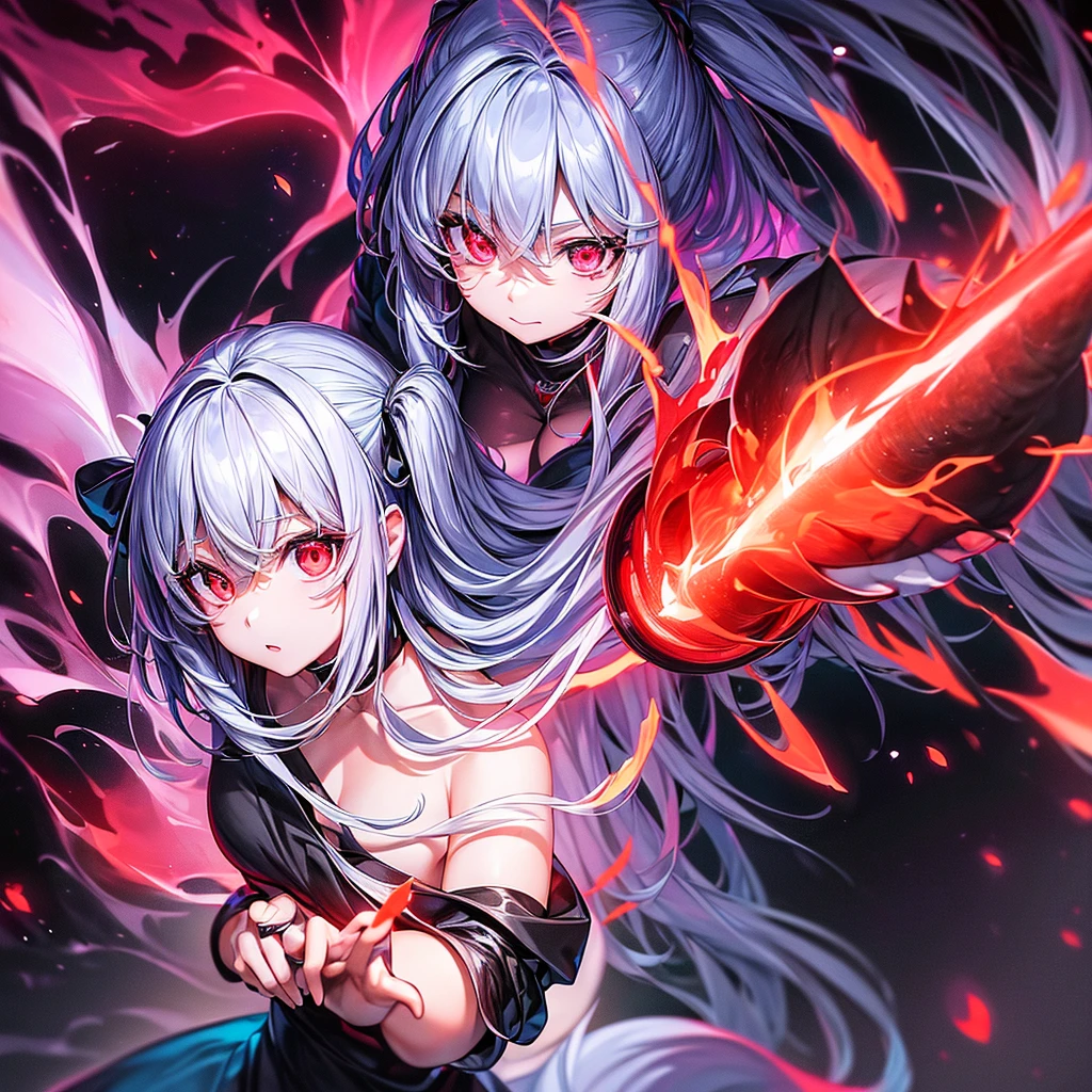 1girl、(((Highest quality、Masterpiece、Official Art、The best dynamic composition、超detailed)))、Gray Hair、Red-eyed anime girl holding a gun in front of a purple and red background, Gapmore Grim Dark,  portraitGapmore Grim Dark, Red eyes glow, Red lasers, Red laser, Best anime 4K Kona-chan wallpapers, Laser Wipe, With glowing red eyes, Highest quality、Super huge、detailed、whole body、