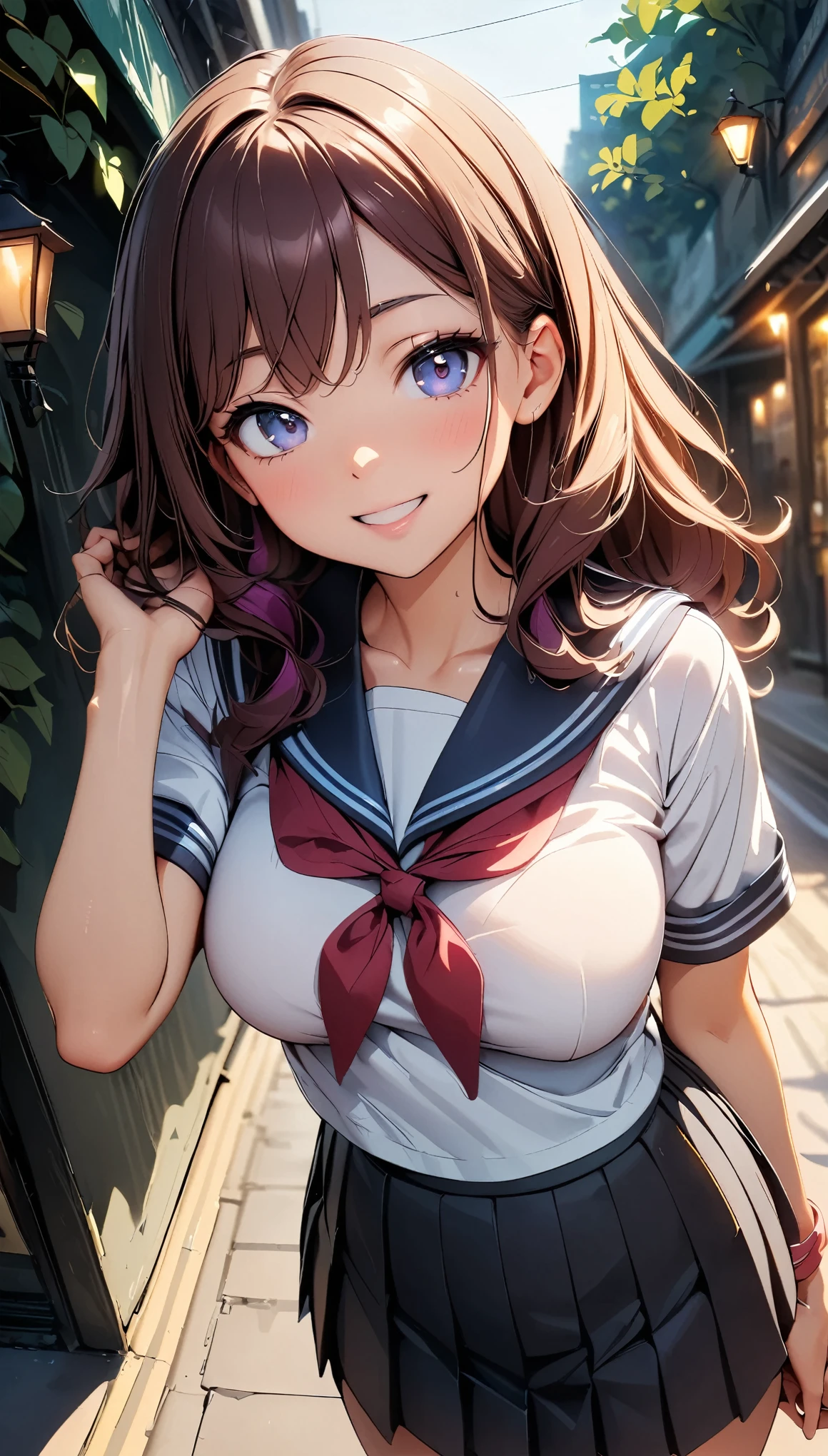 (High quality, High resolution, Fine details), sailor student uniform, (forward leaning posture), (Front View:1.2), (View from above), (Focus on cleavage:1.2), solo, curvy women, light brown hair, sparkling eyes, (Detailed eyes:1.2), (Tilt Head), Grin, blush, Sweat, Oily skin, shallow depth of field, Bokeh
