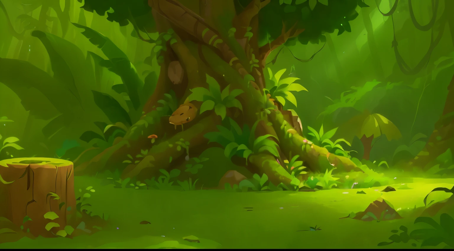 cartoon scene of a forest with a tree stump , background art, background artwork, background jungle, jungle environment, 2d game art background, mobile game background, 2d game environment design, 2d game background, stylized concept art, stylized game art, game background, jungle background, forest background, 2d game asset, forest environment