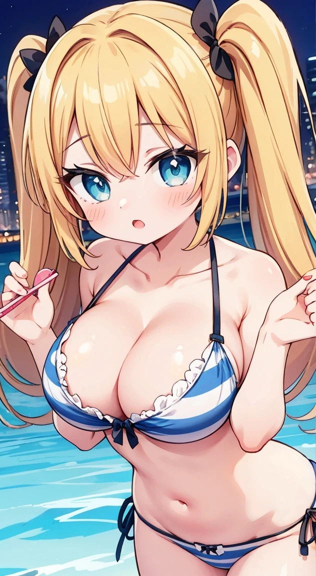 side tie panties,,masterpiece, highest quality, (anime screencap:1.3),(shape), cute,(simple:1), (anime:1.2),Solo Sharp Focus, 1 girl, cleavage,looking at the viewer, nighttime pools,Are standing,,(NSFW:1.2),Colorful bikini,pastel colour bikini,beautiful hair,Horizontal stripes,heart shaped pupils,plaid pattern bra, plaid pattern panties,(Holding a Tropicaljuice1.1),cute eyes,puffy eyes,seductive pose,Beaming face,large breasts,Twintail hair,heart shaped sunglasses on head,cheerful