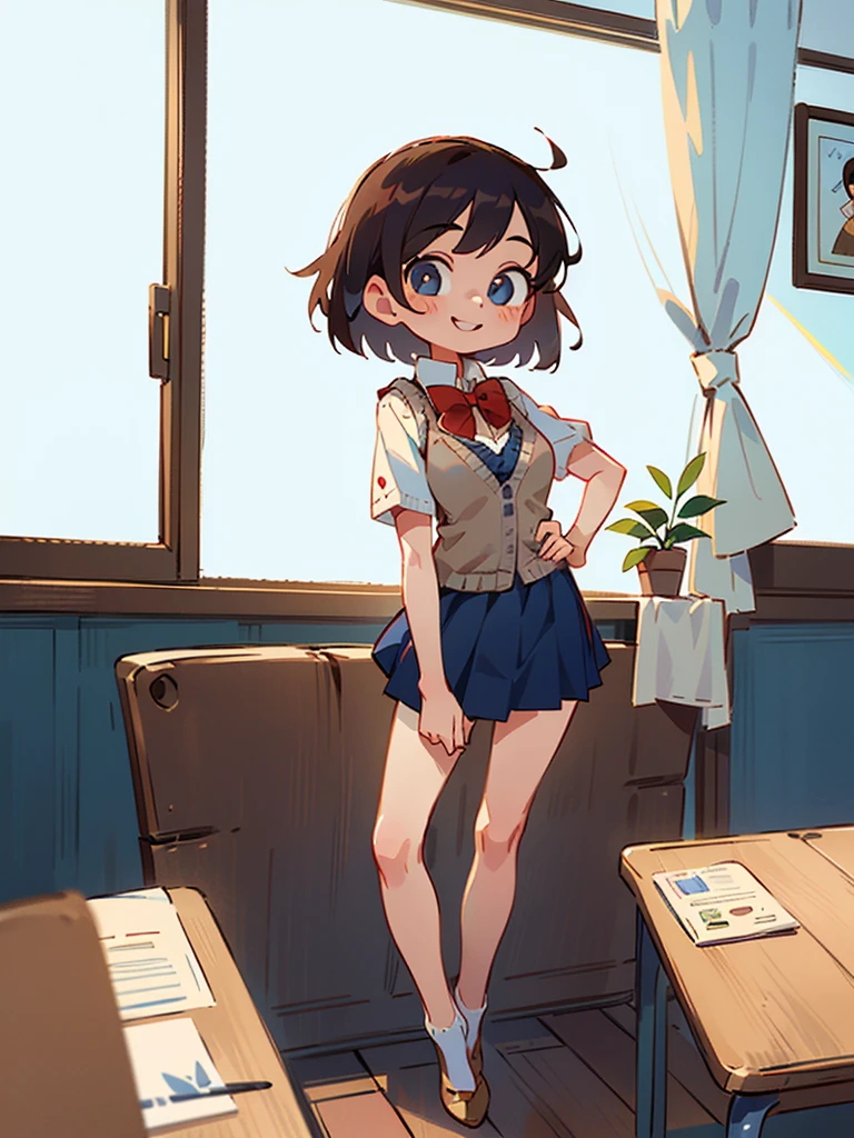 (masterpiece、Highest quality)、Beautiful illustrations、Staring at the audience、Beautiful thighs、Front view、((1 Girl))、Mature 、She looks like a 25-year-old high school girl.、Shiny skin、(Short Hair)、Big eyes、Long eyelashes、Very tall、 Beautiful Hair、Beautiful Face、Beautiful Eyes、 Beautiful breasts、Beautiful thighs、Beautiful feet、Beautiful fingers、(((Brown knitted vest、Short sleeve white collar shirt、Navy Pleated Skirt)))、((Red bow tie))、(In the classroom)、Are standing、((smile))