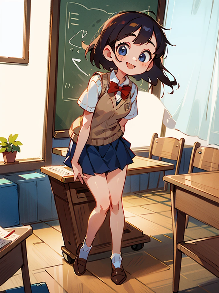 (masterpiece、Highest quality)、Beautiful illustrations、Staring at the audience、Beautiful thighs、Front view、((1 Girl))、Mature 、She looks like a 25-year-old high school girl.、Shiny skin、(Short Hair)、Big eyes、Long eyelashes、Very tall、 Beautiful Hair、Beautiful Face、Beautiful Eyes、 Beautiful breasts、Beautiful thighs、Beautiful feet、Beautiful fingers、(((Brown knitted vest、Short sleeve white collar shirt、Navy Pleated Skirt)))、((Red bow tie))、(In the classroom)、Are standing、((smile))