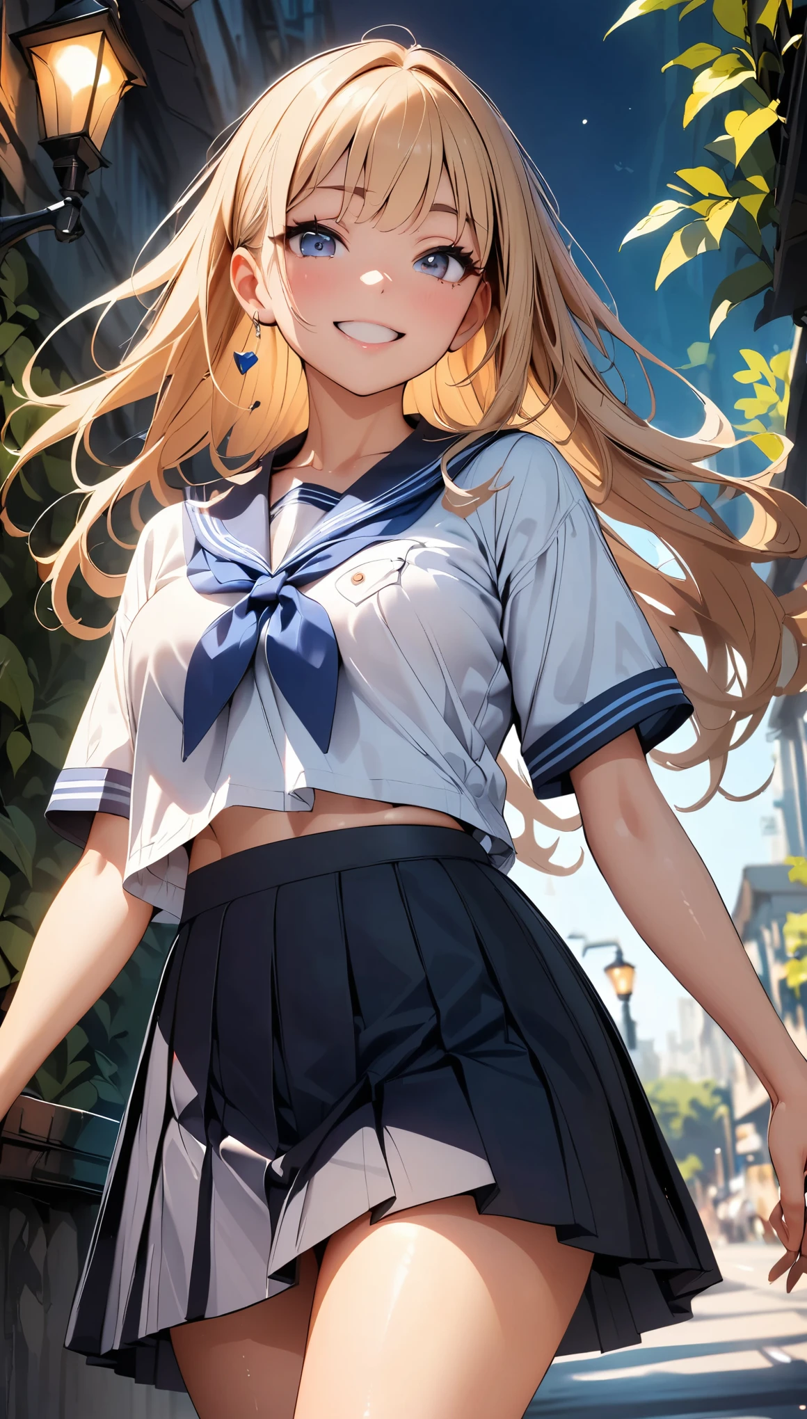 (Highest quality:1.2, 4K, 8K, Very detailed, Latest, Vibrant, High detail, masterpiece:1.2, Highest quality, Best aesthetics), (((1 Girl))), JK, Sailor suit, Pleated skirt, Open your mouth slightly:1.2, smile, Dynamic Angle, Friendly atmosphere, Beautiful Hair, Shiny Hair, Beautiful Skin, Detailed face and eyes, Glossy Lips, Curvy Women, A park full of greenery, Street lamp light, Light and shadow with attention to detail, Background Blur.