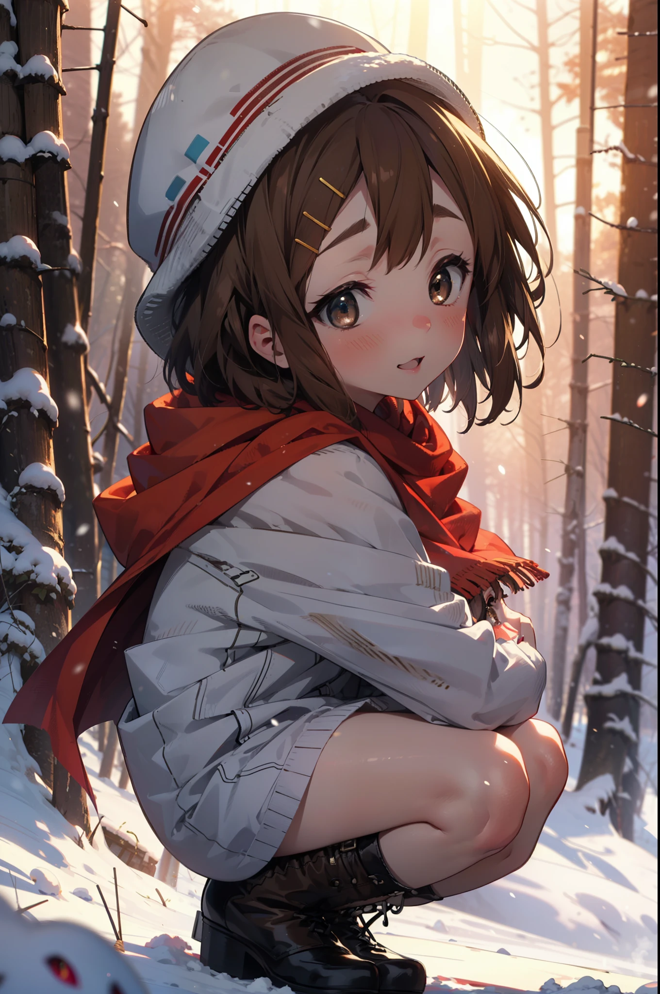 yuihirasawa, Yui Hirasawa, short hair, Brown Hair, hair ornaments, (Brown eyes:1.5), Hair Clip、smile,smile,blush,White Breath,
Open your mouth,snow,Ground bonfire,, Outdoor, boots, snowing, From the side, wood, suitcase, Cape, Blurred, , forest, White handbag, nature, Squat, Mouth closed, Cape, winter, Written boundary depth, Black shoes, red Cape break looking at viewer, Upper Body, whole body, break Outdoor, forest, nature, break (masterpiece:1.2), Highest quality, High resolution, unity 8k wallpaper, (shape:0.8), (Beautiful and beautiful eyes:1.6), Highly detailed face, Perfect lighting, Highly detailed CG, (Perfect hands, Perfect Anatomy),