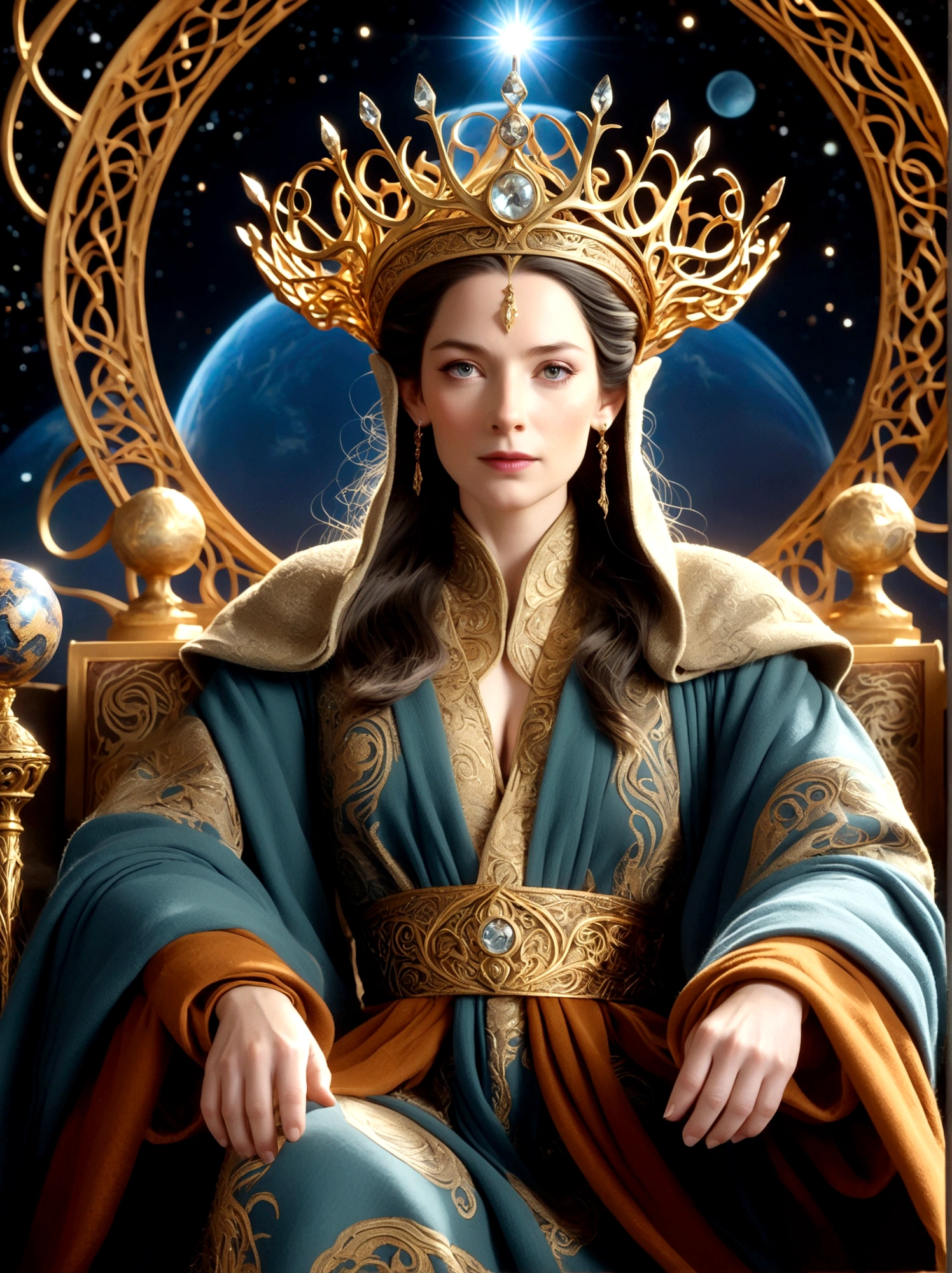 (The Queen of Middle-earth:1.3)，A royal figure in a lavish robe, adorned with a large crown, is seated on a throne, The setting is otherworldly and surreal, located in the vast expanse of space, The figure is perched on a miniature planet that's enveloped entirely by the rich fabric of the robe, reflecting an element of royal extravagance