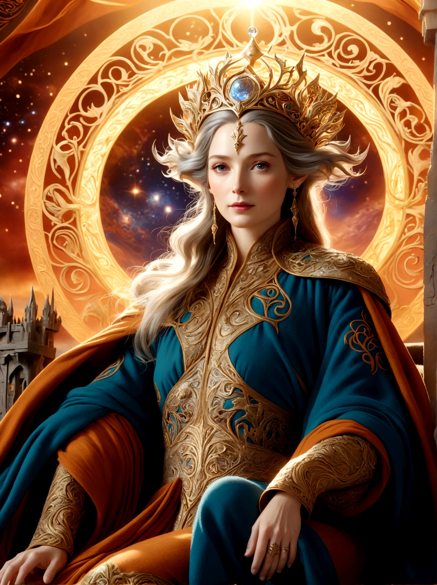 (The Queen of Middle-earth:1.3)，A royal figure in a lavish robe, adorned with a large crown, is seated on a throne, The setting is otherworldly and surreal, located in the vast expanse of space, The figure is perched on a miniature planet that's enveloped entirely by the rich fabric of the robe, reflecting an element of royal extravagance