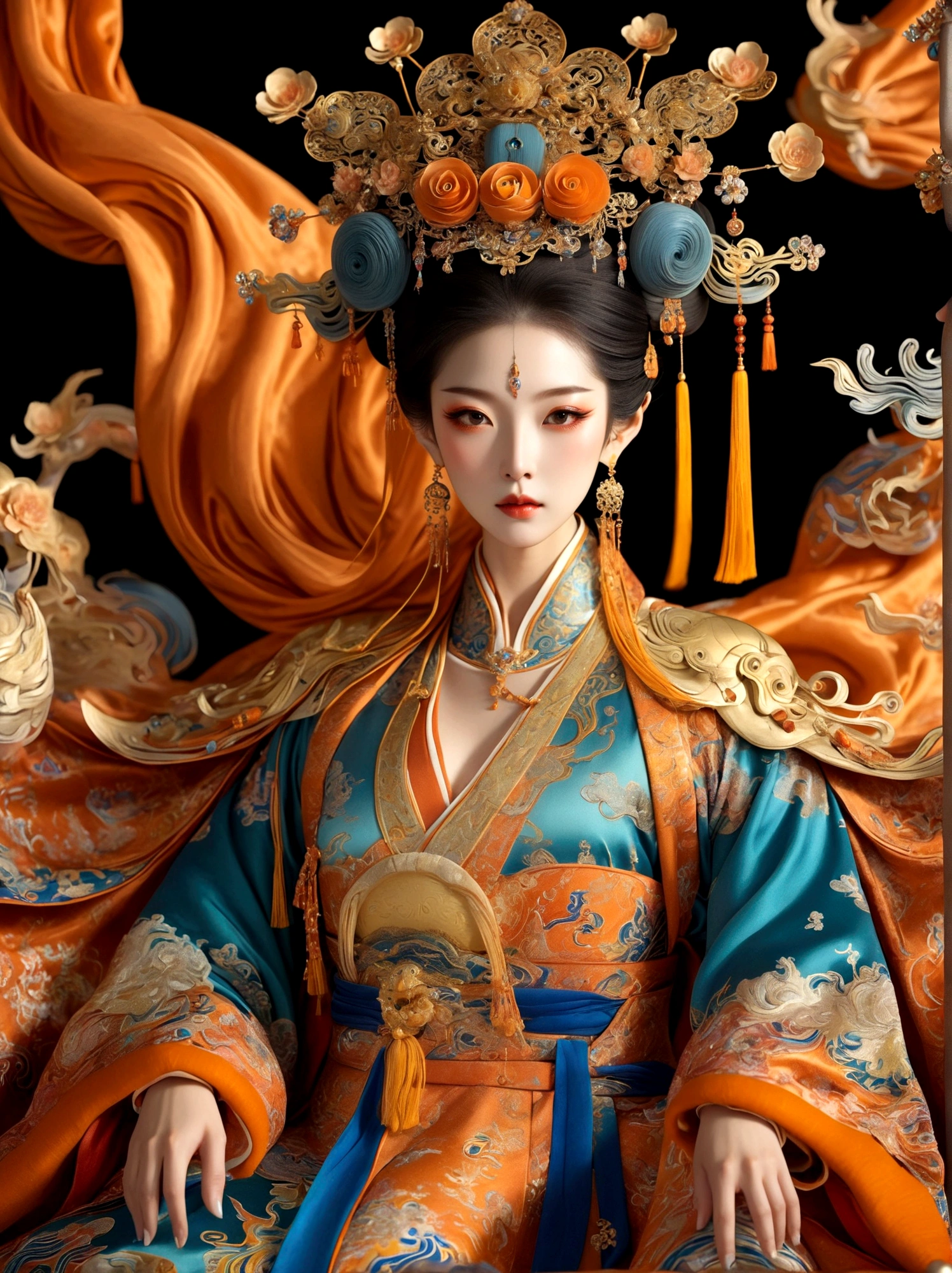 (Chinese Tang Dynasty Empress:1.3)，A royal figure in a lavish robe, adorned with a large crown, is seated on a throne, The setting is otherworldly and surreal, located in the vast expanse of space, The figure is perched on a miniature planet that's enveloped entirely by the rich fabric of the robe, reflecting an element of royal extravagance