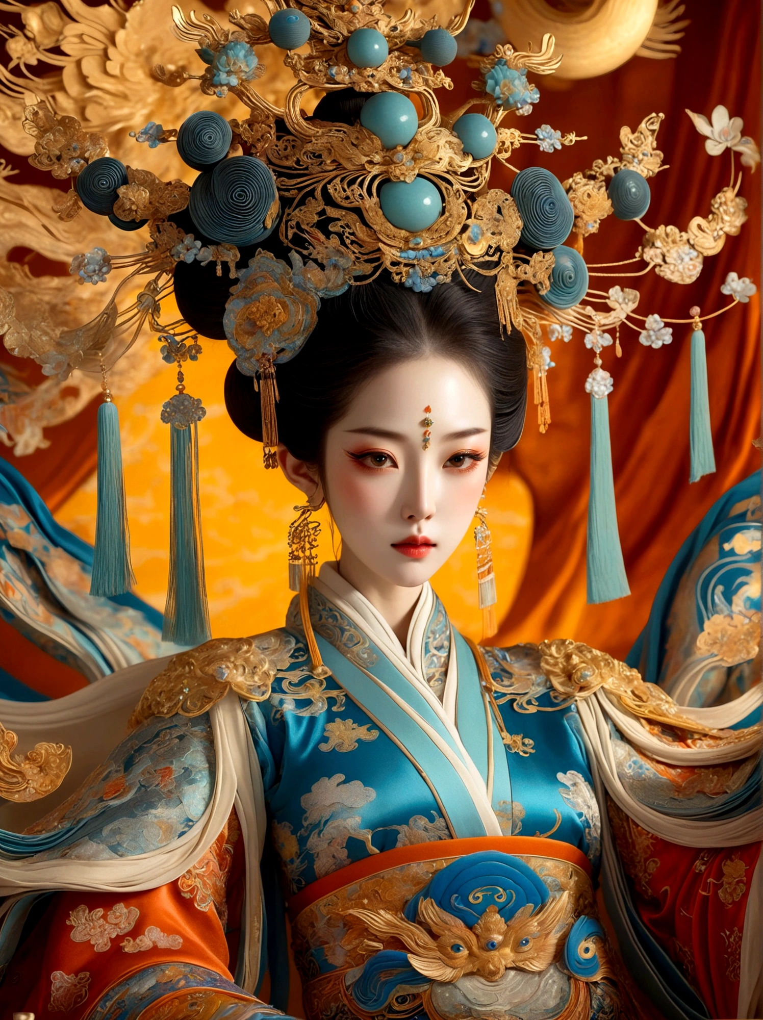 (Chinese Tang Dynasty Empress:1.3),A royal figure in a lavish robe, adorned with a large crown, is seated on a throne, The setting is otherworldly and surreal, located in the vast expanse of space, The figure is perched on a miniature planet that's enveloped entirely by the rich fabric of the robe, reflecting an element of royal extravagance