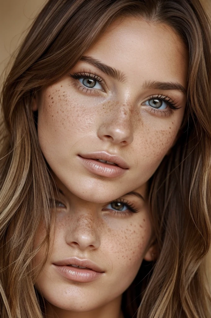 french woman brunette with blond dye. Brown eyes. Mascara. Big lips. Mole and freckles.