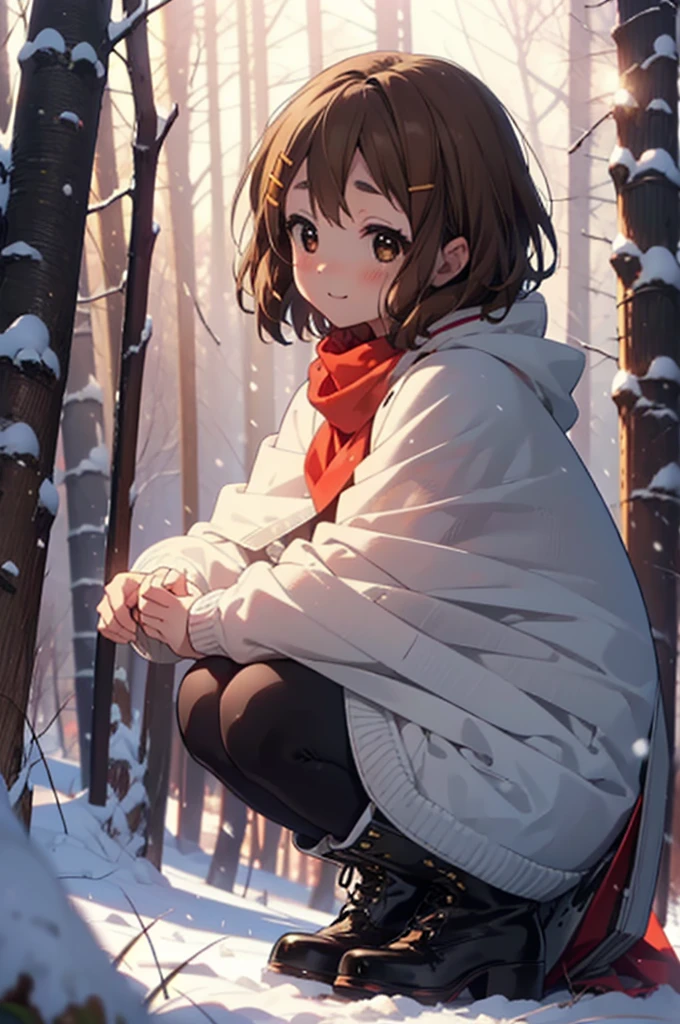 yuihirasawa, Yui Hirasawa, short hair, Brown Hair, hair ornaments, (Brown eyes:1.5), Hair Clip、smile,smile,blush,White Breath,
Open your mouth,snow,Ground bonfire,, Outdoor, boots, snowing, From the side, wood, suitcase, Cape, Blurred, , forest, White handbag, nature, Squat, Mouth closed, Cape, winter, Written boundary depth, Black shoes, red Cape break looking at viewer, Upper Body, whole body, break Outdoor, forest, nature, break (masterpiece:1.2), Highest quality, High resolution, unity 8k wallpaper, (shape:0.8), (Beautiful and beautiful eyes:1.6), Highly detailed face, Perfect lighting, Highly detailed CG, (Perfect hands, Perfect Anatomy),