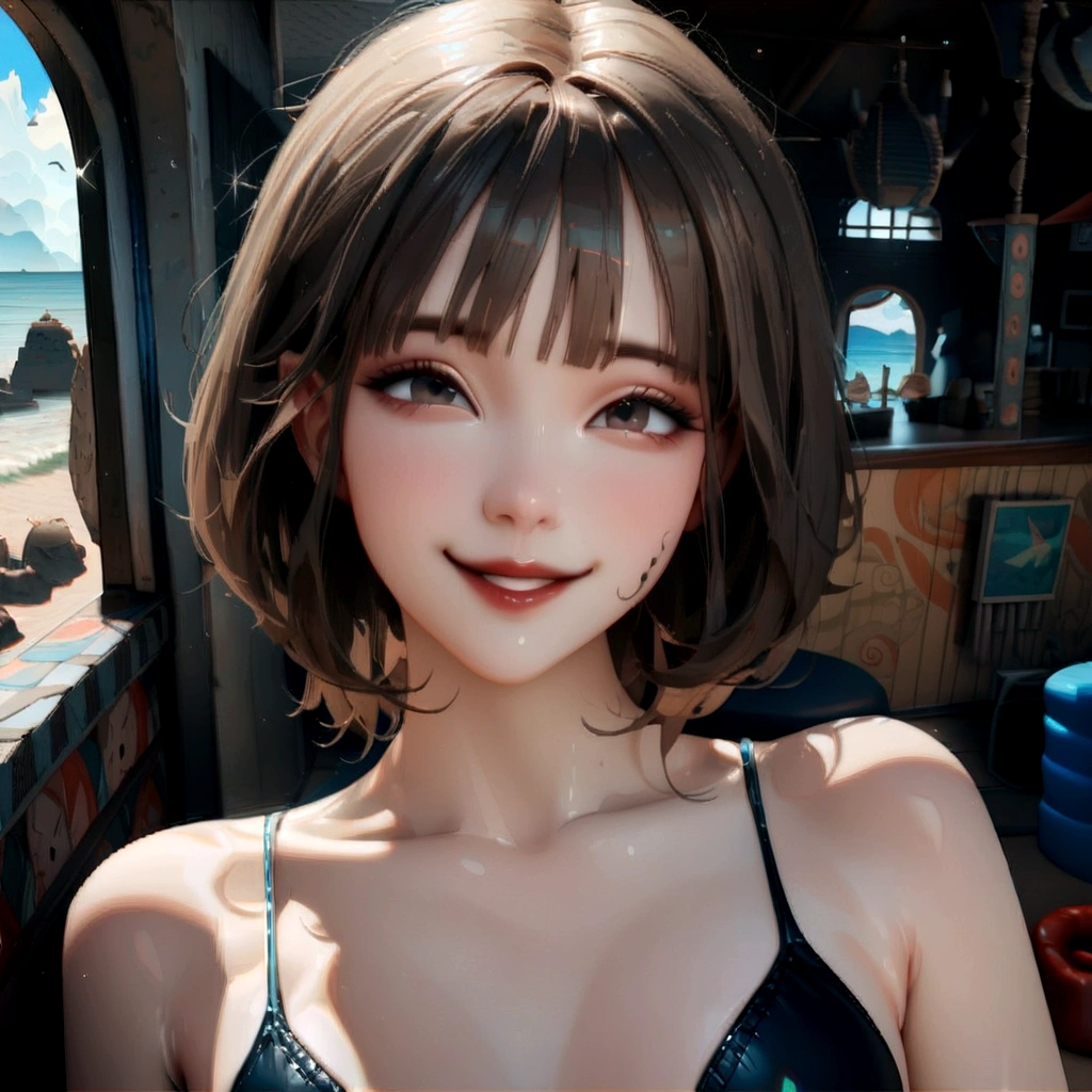 (Surreal), (Awareness-raising), (High resolution), (8K), (Very detailed), (The best Awareness-raisingns), (Beautiful attention to detail), (Highest quality), (Ultra-detailed), (masterpiece), (wallpaper), (Detailed face), (Beautiful smile)、(Beautiful expression)、short、shorth hair、short hair、With bangs、Full body swimsuit、Beach、