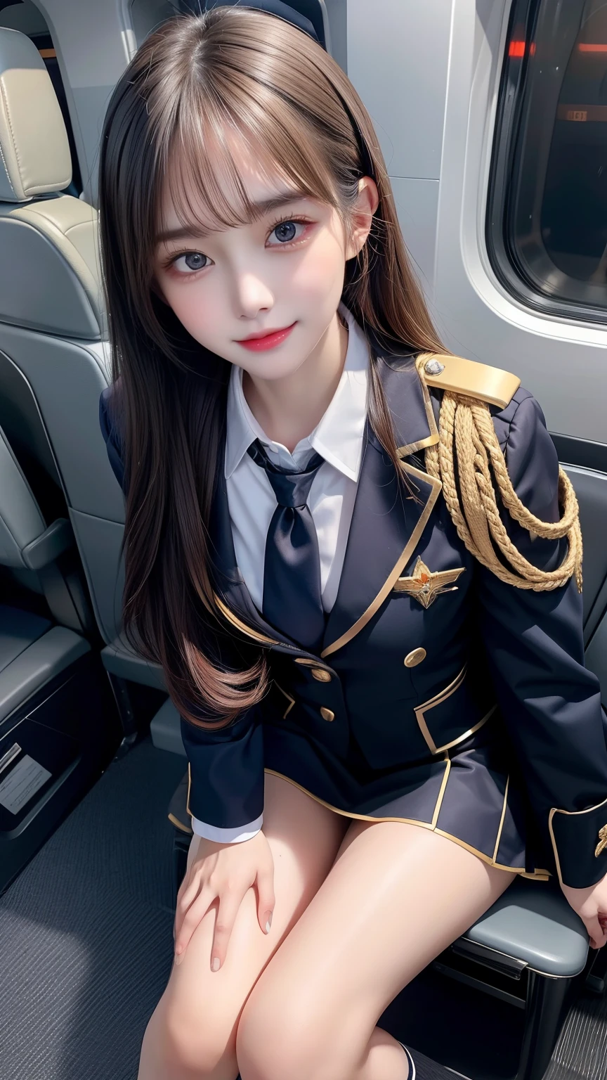 masutepiece, Best Quality, 8K、(Golden Ratio Face、Balanced eyes、very gentle eyelids)、double eyelid、Beautiful nasal muscles、Shy laughter、Lip Gloss 、Very beautiful girl、Beautiful girl solo like a model、View photographer、Image of a woman wearing a uniform with a tie, loose coat color uniform, uniform, full uniform, pilot outfit, officer uniform, mini skirt, girl wearing school uniform、flight attendant suit,Stewardess uniform,Stewardess uniform、(Look at viewers,Inside the plane:1.2)、(Showing fair thighs), (Sitting on the seat with legs crossed), foucs on legs, 
