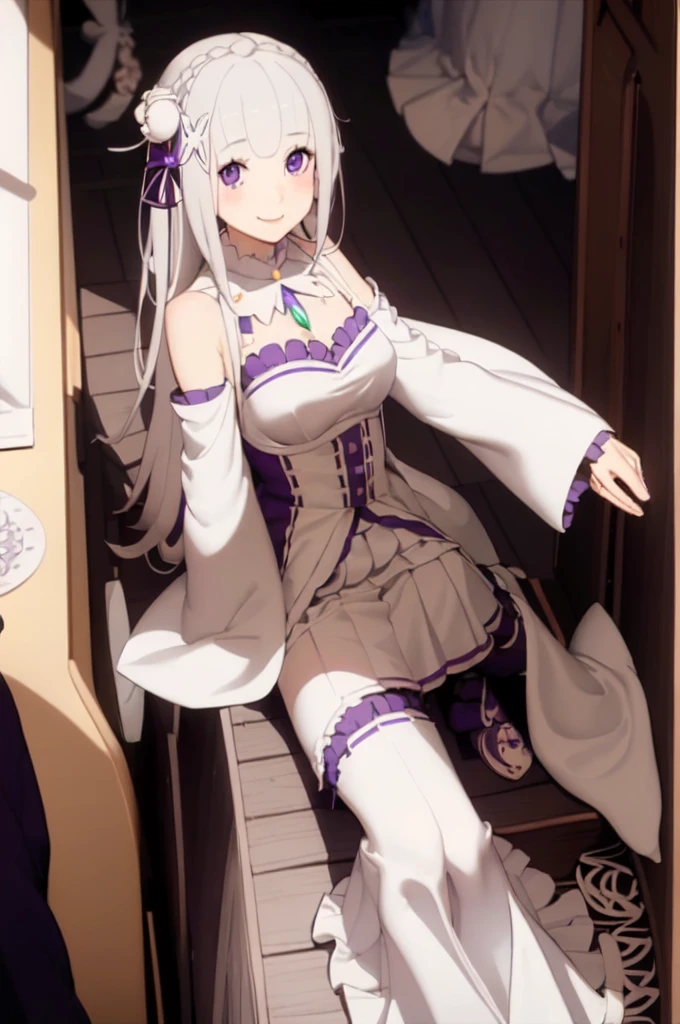 masterpiece, 1girl, Emilia, blunt bangs, long hair, crown braid,
white dress, detached collar, wide sleeves, x hair ornament, hair flower, hair ribbon, white thigh boots, cleavage, purple frills, pleated_white_skirt
sitting on bench, garden, arms at sides,
looking at viewer, (smile:1.2), blush, from above,