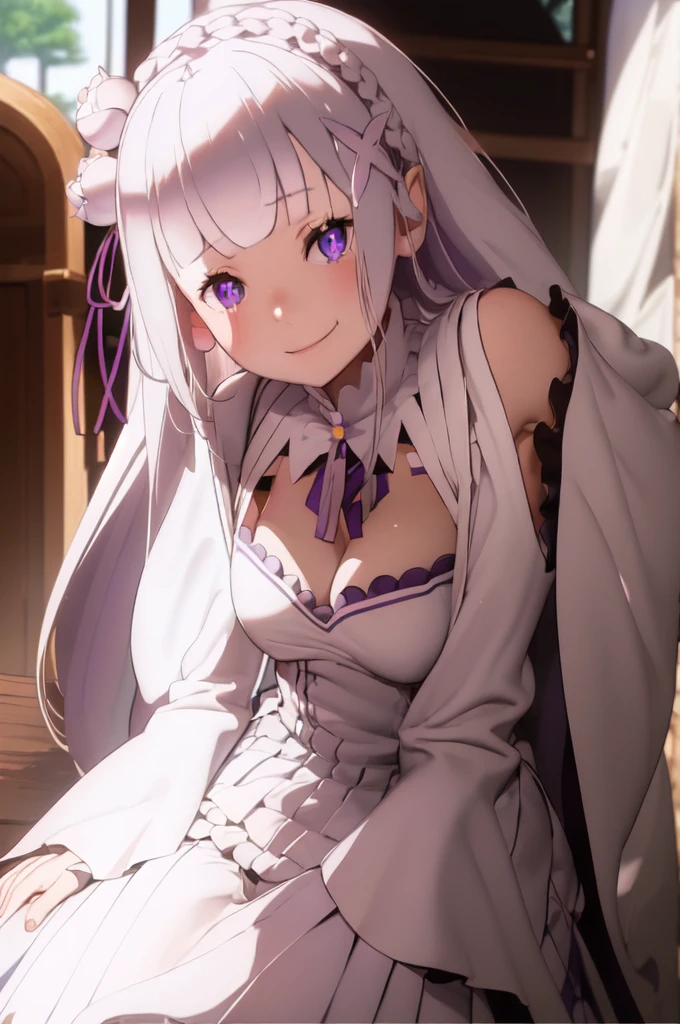 masterpiece, 1girl, Emilia, blunt bangs, long hair, crown braid,
white dress, detached collar, wide sleeves, x hair ornament, hair flower, hair ribbon, white thigh boots, cleavage, purple frills, pleated_white_skirt
sitting on bench, garden, arms at sides,
looking at viewer, (smile:1.2), blush, from above,