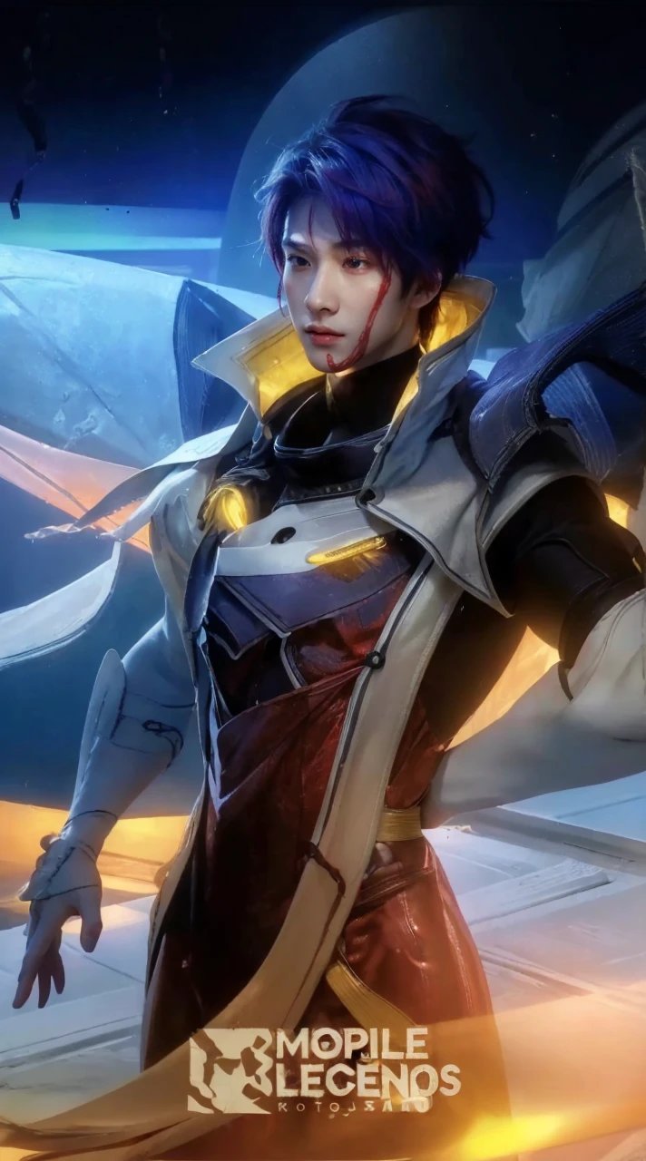 (8k, RAW photo, best quality, masterpiece:1.2), (realistic, photo-realistic:1.4), ultra-detailed, (high detailed skin:1.2), (asian) pale skin, blushing red makeup, white and red hair, handsome 1man,