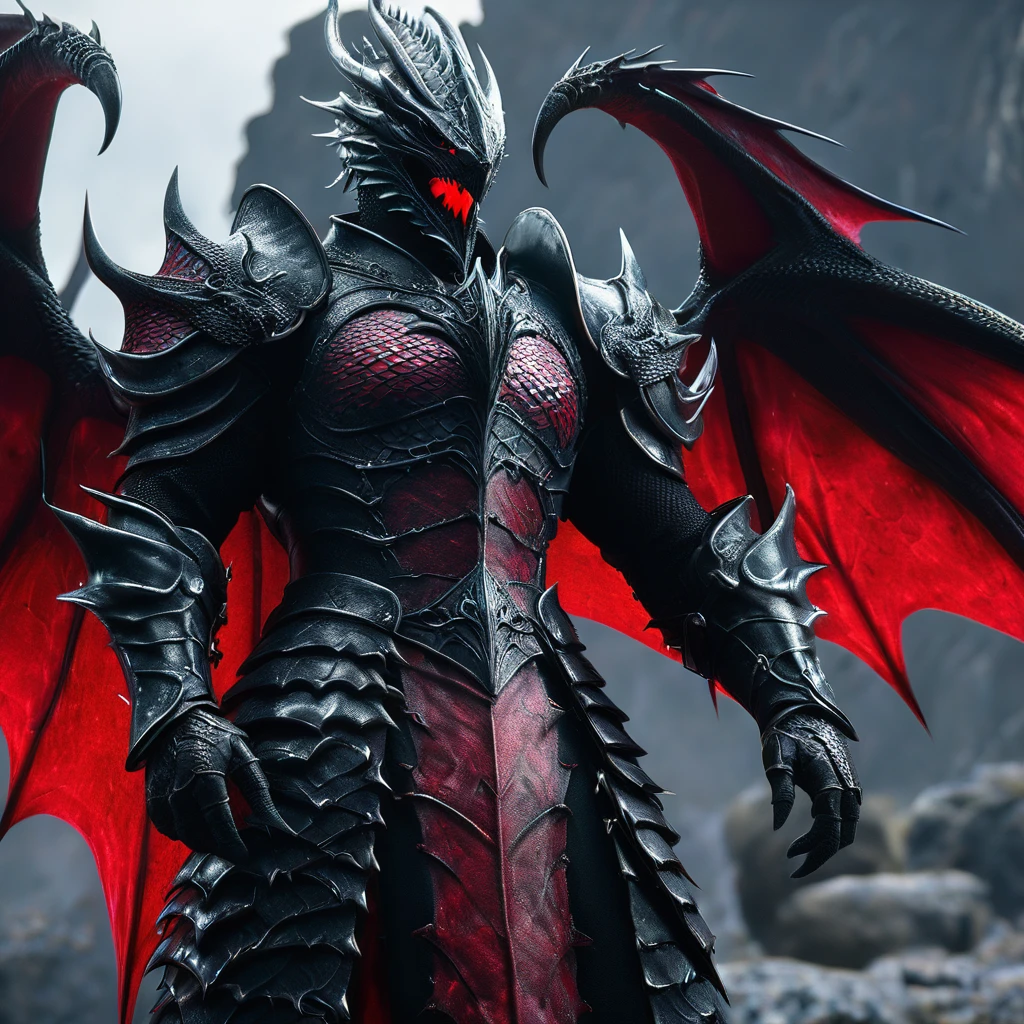 an close up cinematic shot of a  tall muscular targaryen prince, wearing black dragonscale armor with the targaryen crest and a dragon winged helmet with red/black plume, cliffside background, HD, masterpiece, best quality, hyper detailed, ultra detailed