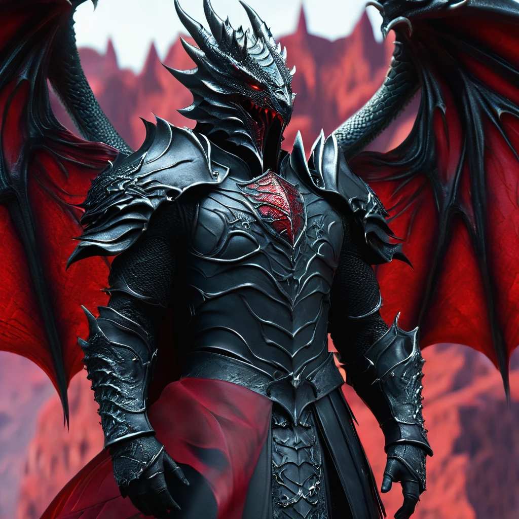 an close up cinematic shot of a tall muscular targaryen prince, wearing black dragonscale armor with the targaryen crest and a dragon winged helmet with red/black plume, cliffside background, HD, masterpiece, best quality, hyper detailed, ultra detailed