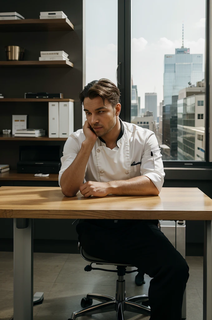 Important Leader, chef, sitting at a chic desk in a modern office, dressed in a formal suit, outside the windows there is a metropolis