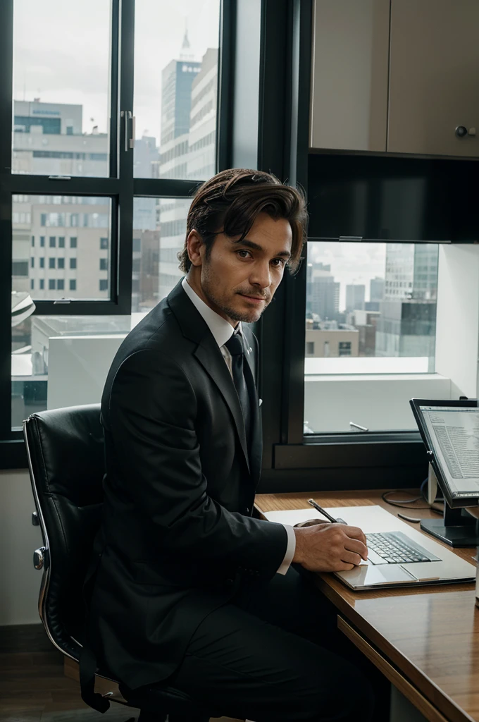 Important Leader, chef, sitting at a chic desk in a modern office, dressed in a formal suit, outside the windows there is a metropolis