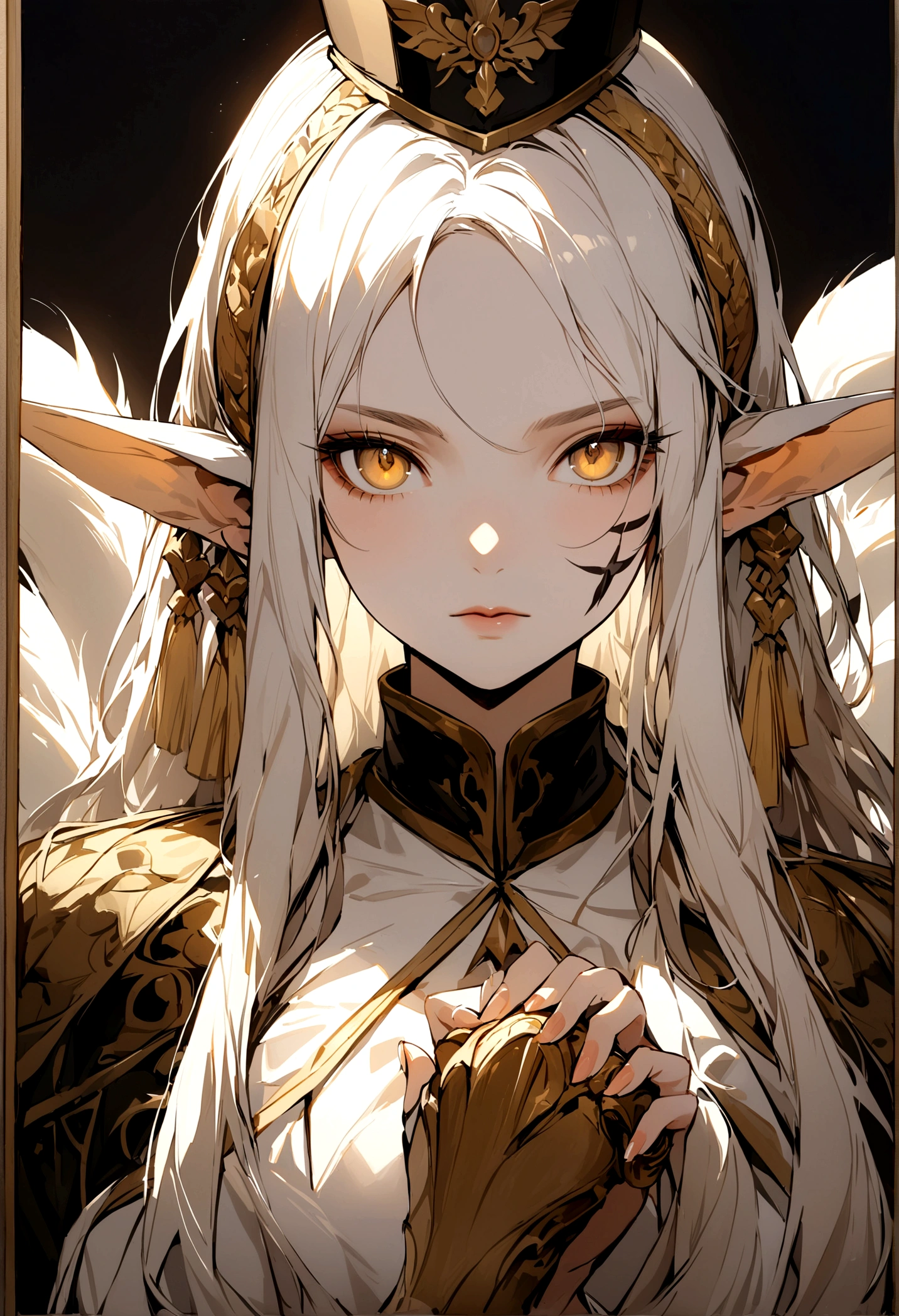 This portrait is a real masterpiece. It is made to the highest quality and features incredible detail.. It depicts a girl with yellow eyes and white hair. Her ears resemble those of a fox, and the facial features are elven. The girl has five tails.
The clothes in the portrait are great too. Her lighting is perfect.
The portrait is an image of a girl named X, who looks serious. She is shown topless, in military clothes and with a machine gun in his hand. She has a regimental cap on her head.. Full length portrait.