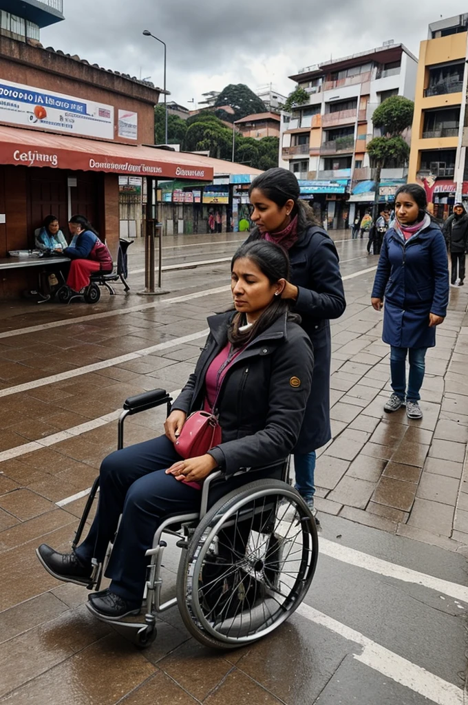 Create a drawing where a woman with a wheelchair disability cannot travel either on the platform or on the street due to the obstacles that exist and the bad roads with eggs in Bogotá