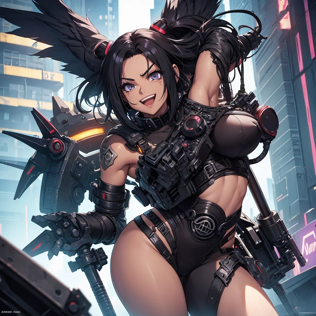 Battle angel alita, big , cyberpunk, sexy, big and black wings, smiling