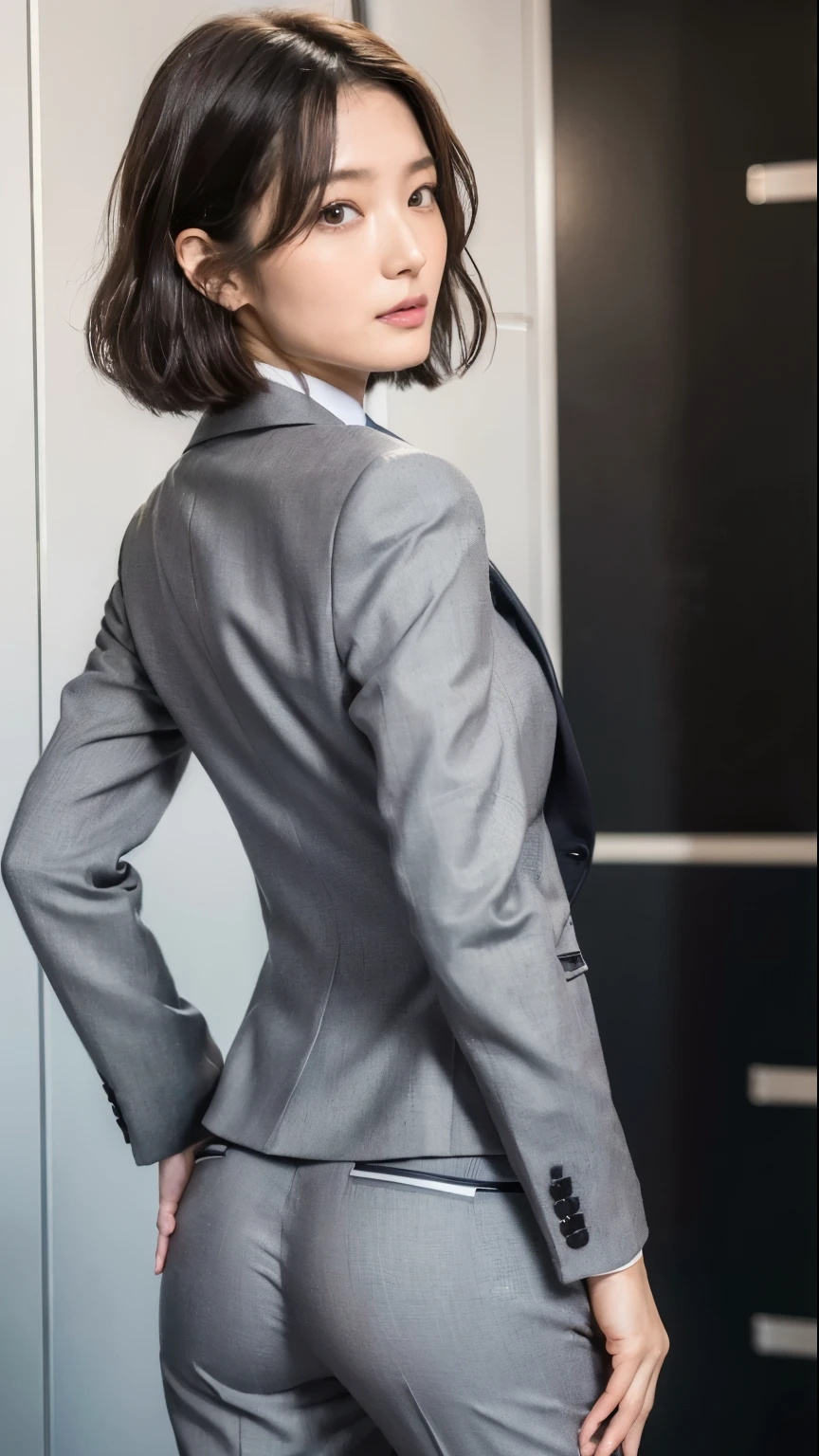 (Highest quality, 8K, 32k, masterpiece, Ultra-high resolution:1.2), (Two Girls:1.5),  Beautiful Japanese Women, Tight waist, grey suit, Open jacket, office lady, suit, pants, From behind, locker room, machine,  (Stick your butt out:1.2), Detailed face, short hair, From below, Raise one leg, Perfect Anatomy,