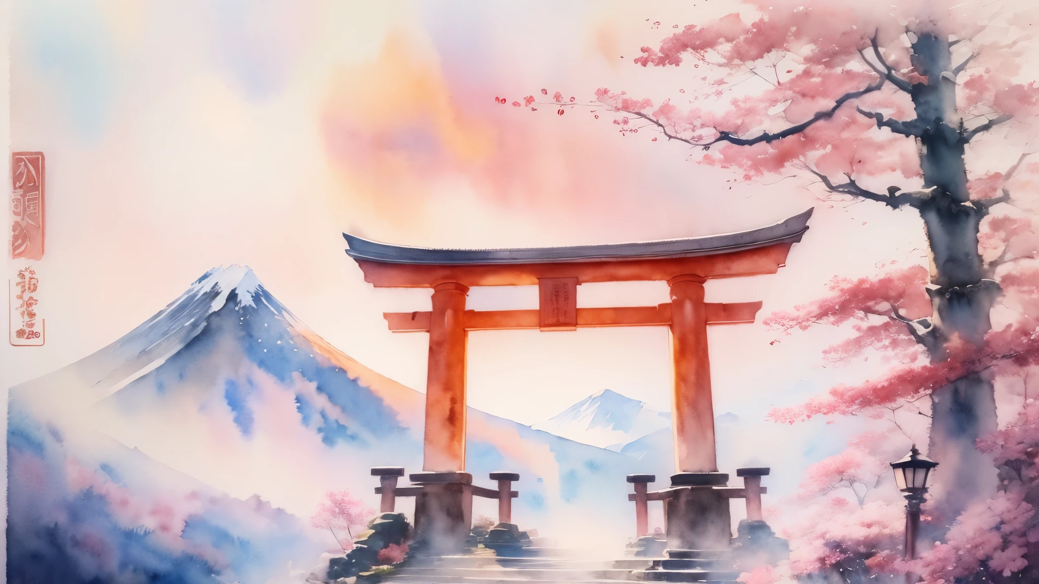 (masterpiece:1.2, Highest quality),(Very detailed),(((watercolor))),8K,wallpaper,Japanese Landscape,Fuji Mountain,Torii in the Sky