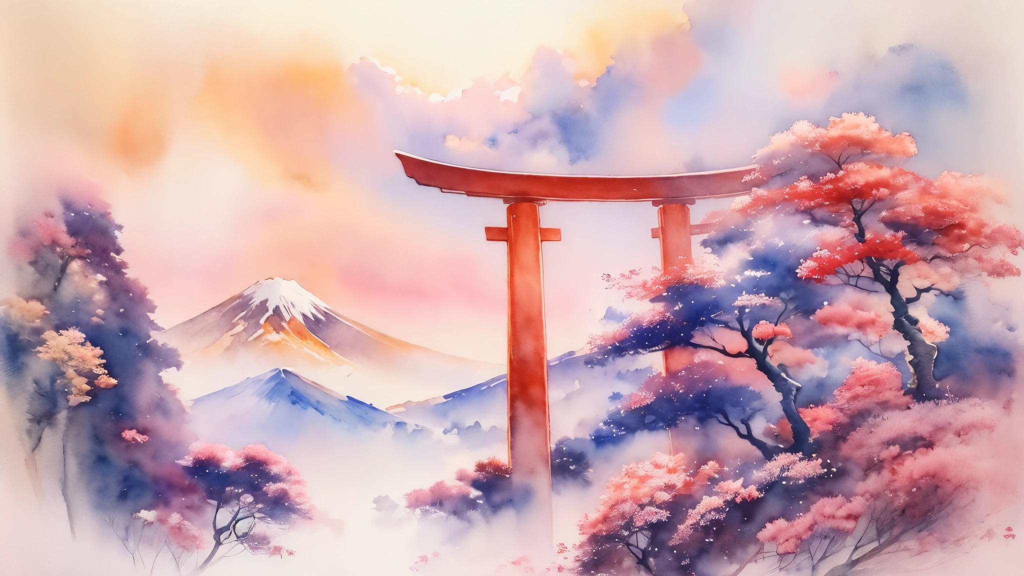 (masterpiece:1.2, Highest quality),(Very detailed),(((watercolor))),8K,wallpaper,Japanese Landscape,Fuji Mountain,Torii in the Sky