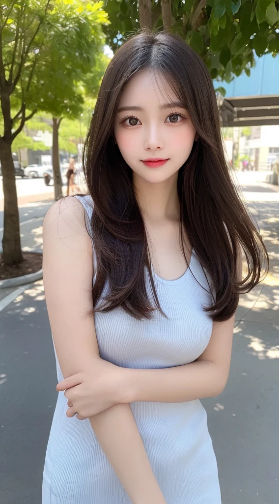 Tabletop, Highest quality, shape, Very detailed, finely, High resolution, 8k wallpaper, 完璧なダイナミックな構shape, Beautiful and exquisite, Nice spring clothes,Beautiful straight hair,Small breasts,Natural color lip, 20-year-old girl、cute、Always blur the background,Perfect and beautiful face,Beautiful and dense face、Slim face and figure,Big eyes、Putting on gal makeup,Actual Photos(Best image quality)、Sexy Face、Fashion model posing、Full Body Shot、smile、Change pose randomly、Randomly change the shooting angle and position、Summer Fashion、Photographing the sky
