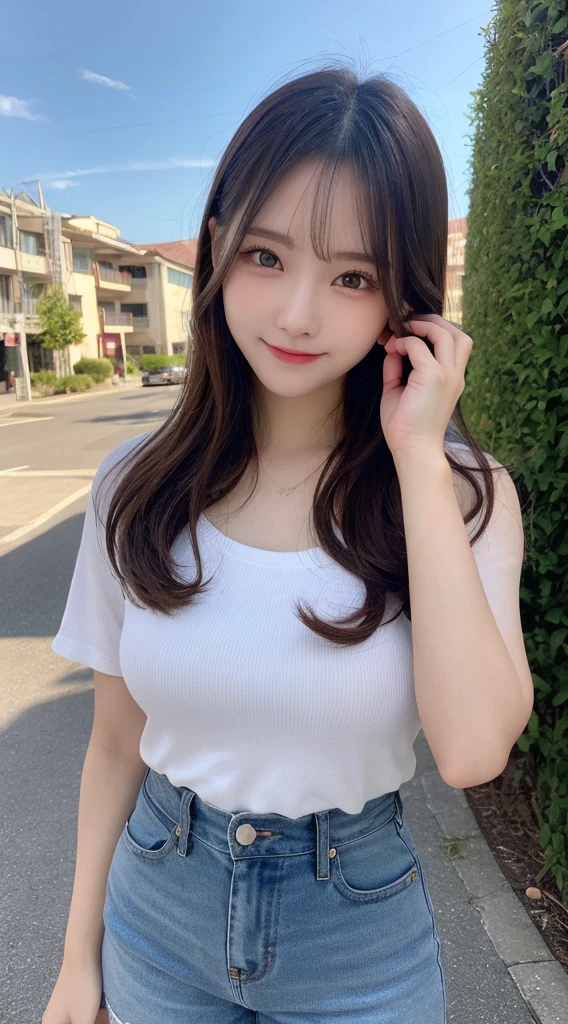 Tabletop, Highest quality, shape, Very detailed, finely, High resolution, 8k wallpaper, 完璧なダイナミックな構shape, Beautiful and exquisite, Nice spring clothes,Beautiful straight hair,Small breasts,Natural color lip, 20-year-old girl、cute、Always blur the background,Perfect and beautiful face,Beautiful and dense face、Slim face and figure,Big eyes、Putting on gal makeup,Actual Photos(Best image quality)、Sexy Face、Fashion model posing、Full Body Shot、smile、Change pose randomly、Randomly change the shooting angle and position、Summer Fashion、Photographing the sky