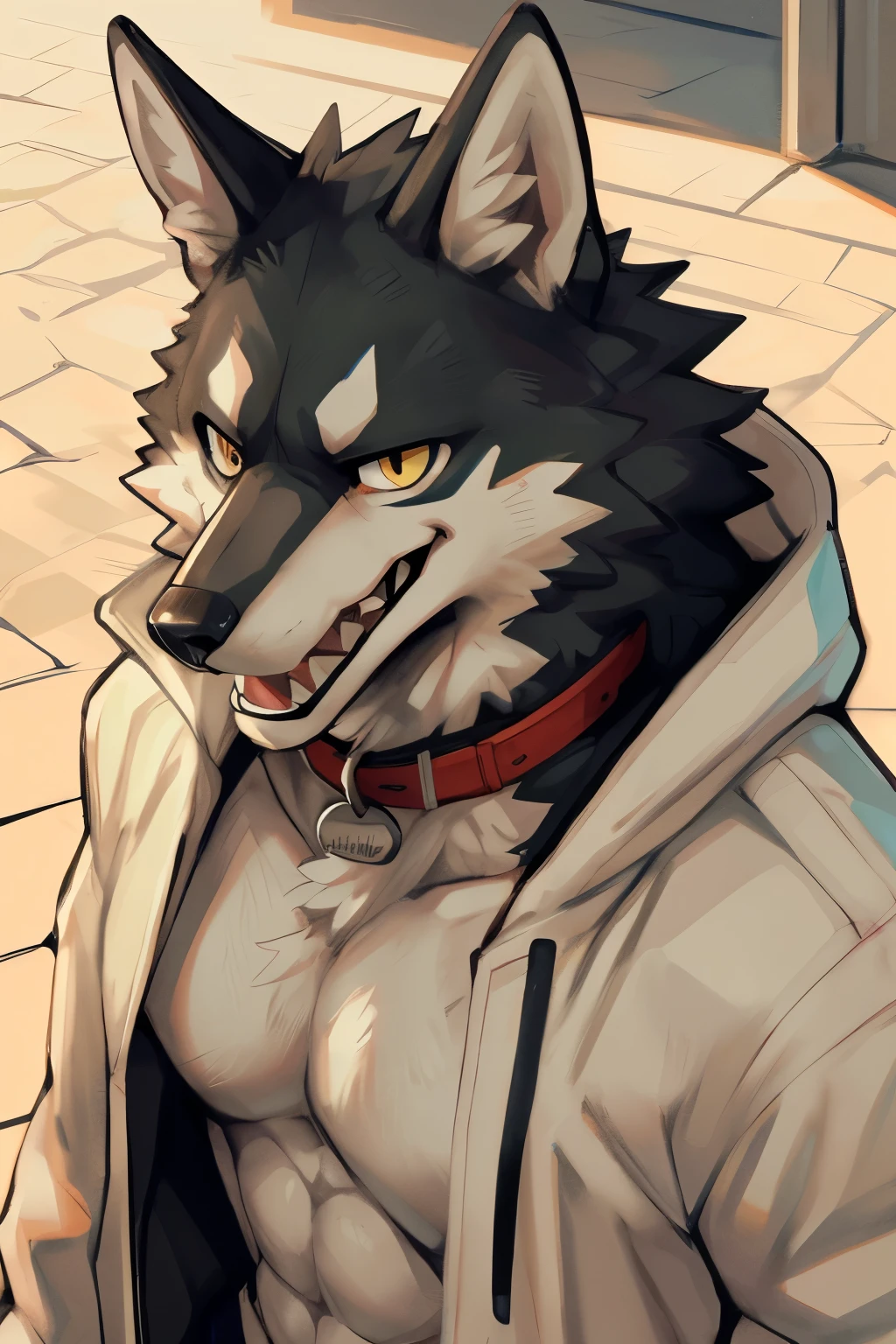 ((by Zackary911, by K0BIT0WANI, by windwttom)), male, athletic, (muscular:1.5), black fur, wolf, yellow eyes, open mouth, sharp teeth, detailed teeth, standing, smirk, bust portrait, coat, white shirt, face focus, high angle view, collar