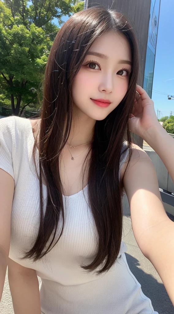 Tabletop, Highest quality, shape, Very detailed, finely, High resolution, 8k wallpaper, 完璧なダイナミックな構shape, Beautiful and exquisite, Nice spring clothes,Beautiful straight hair,Small breasts,Natural color lip, 20-year-old girl、cute、Always blur the background,Perfect and beautiful face,Beautiful and dense face、Slim face and figure,Big eyes、Putting on gal makeup,Actual Photos（Best image quality）、Sexy Face、Fashion model posing、Full Body Shot、smile、Change pose randomly、Randomly change the shooting angle and position、Summer Fashion、Photographing the sky