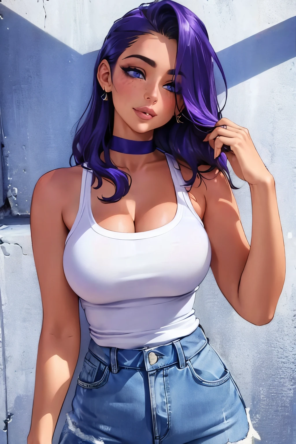 Beautiful mature woman, purple hair, blue eyes, extremely long hair, messy hair, hair covering one eye, freckles on face, happy, smiling, blushing, thick lips, full lips, huge breasts, extreme cleavage, deep cleavage, very thin body, tank top, midriff, sleeveless, bare arms, heart shaped choker, skinny jeans, perfect anatomy, party background, sunny day, ultra-detailed, 4k, 8k, best quality, masterpiece, model, modeling, posing for camera, detailed background