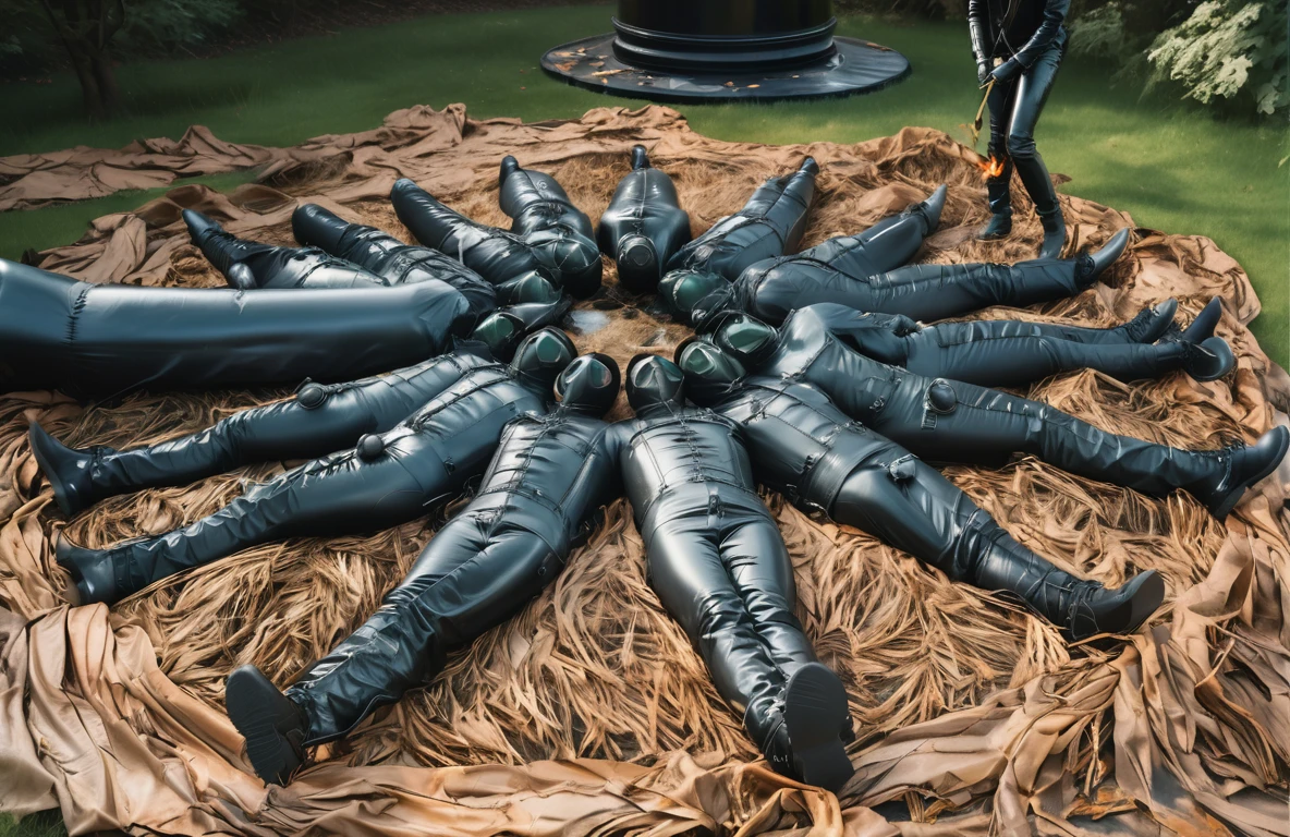 A striking, cinematic photograph of a surreal outdoor scene featuring a dozen black, shiny, and intricately mummified helpless males, completely encased in leather bodybags, laced up snug, multiple black leather straps ensuring their total immobility. black leather bulges. laying in a patch of dried brown grass. Their arrangement forms a circular pattern, with no visible arms or legs. all faces covered by black latex gasmasks. impressive packaged bulges. to the left, an inflated black latex cylinder presumably with a man inside of it, sealed air valve. Set against a lush green lawn and trees, an eerie atmosphere is enhanced by the mysterious black cylindrical object in the background. a leather dominatrix in right background lighting brown grass on fire. The overall scene exudes a vibrant and exciting energy, evoking a sense of occult ritual. helpless males having a hot time!, photo, cinematic, vibrant