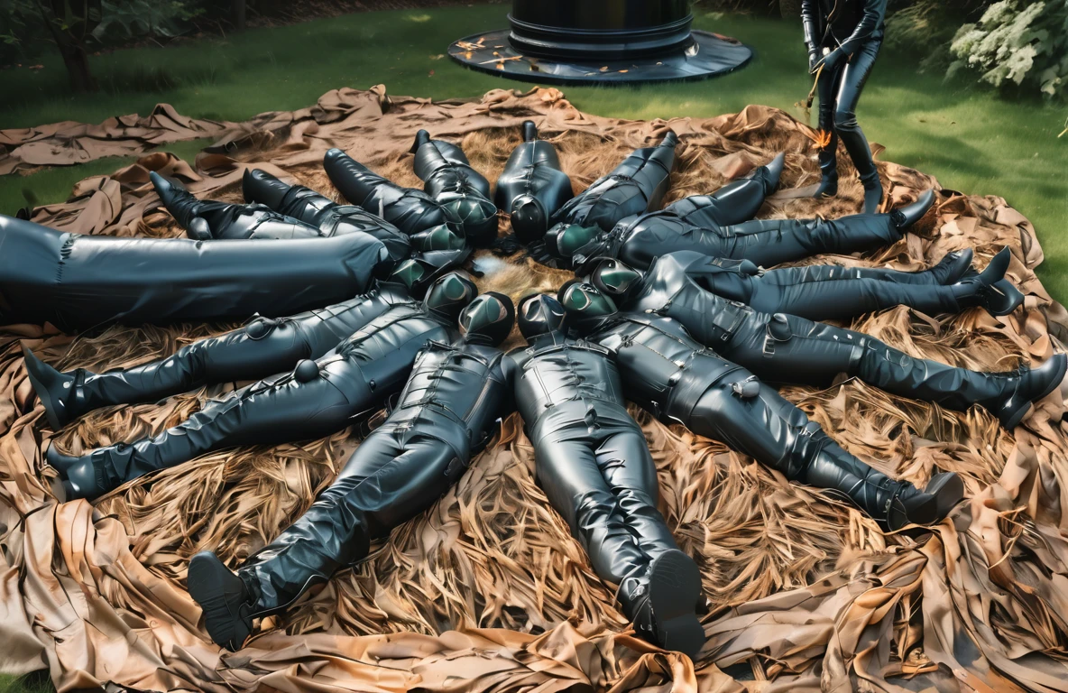 A striking, cinematic photograph of a surreal outdoor scene featuring a dozen black, shiny, and intricately mummified helpless males, completely encased in leather bodybags, laced up snug, multiple black leather straps ensuring their total immobility. black leather bulges. laying in a patch of dried brown grass. Their arrangement forms a circular pattern, with no visible arms or legs. all faces covered by black latex gasmasks. impressive packaged bulges. to the left, an inflated black latex cylinder presumably with a man inside of it, sealed air valve. Set against a lush green lawn and trees, an eerie atmosphere is enhanced by the mysterious black cylindrical object in the background. a leather dominatrix in right background lighting brown grass on fire. The overall scene exudes a vibrant and exciting energy, evoking a sense of occult ritual. helpless males having a hot time!, photo, cinematic, vibrant