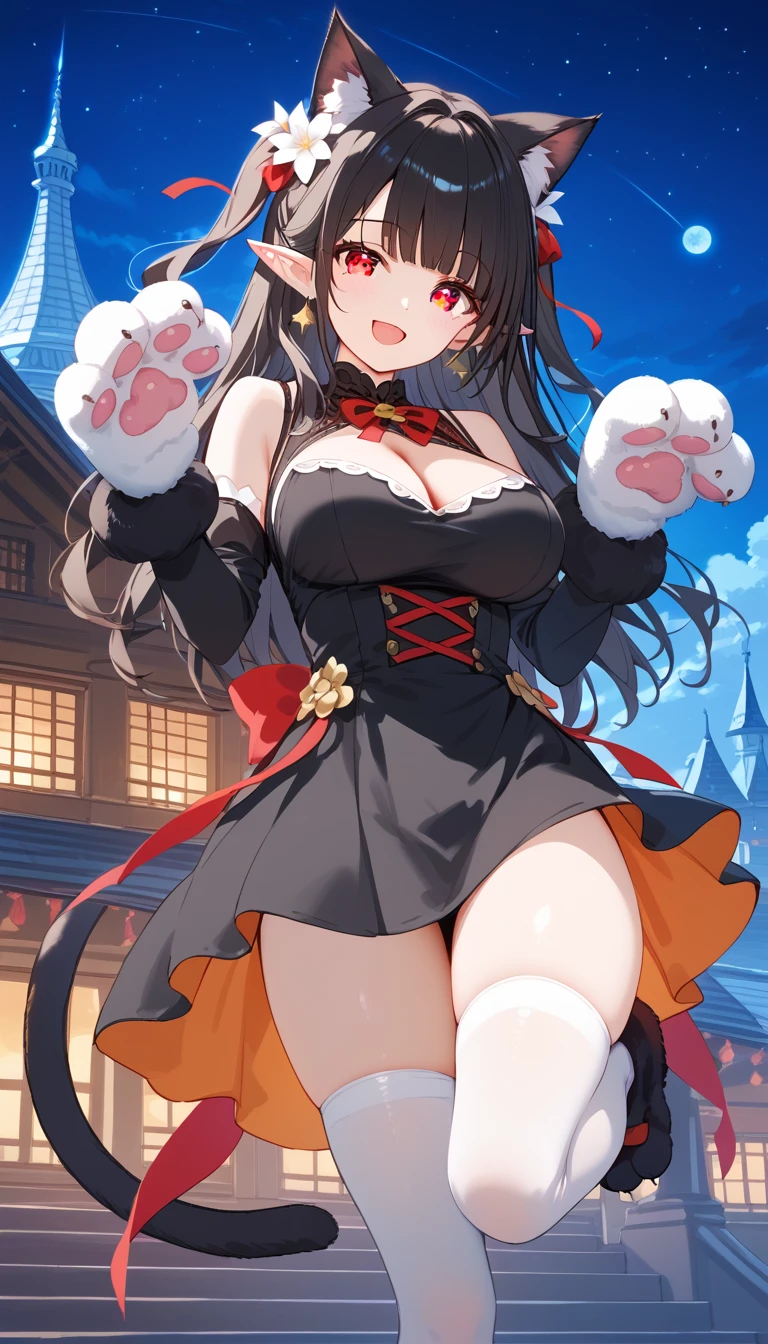score_9, score_8_up, score_7_up, score_6_up, score_5_up, score_4_up, anime screencap, best quality, masterpiece, 1 female, elf, breasts, animal ears, cat ears, solo, thighhighs, black hair, tail, animal hands, paw gloves, hair ornament, long hair, hair flower, cat tail, looking at viewer, white thighhighs, smile, dress, flower, gloves, night, outdoors, cleavage, black dress, open mouth, paw shoes, detached sleeves, blush, standing, bare shoulders, ribbon, thighs, cat girl, medium breasts, standing on one leg, building, sky, :d, white flower, hair ribbon, red ribbon, long sleeves, sleeveless, bow, night sky, mole, yellow eyes, extra ears, star (sky), short dress, clothing cutout, two side up, orange eyes, animal ear fluff, large breasts, earrings, hands up, brown eyes, sleeveless dress