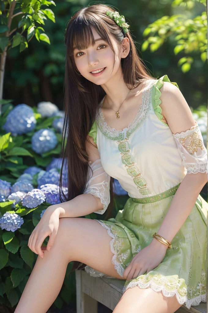 (RAW Photos、Highest quality、masterpiece、Realistic photo:1.3)、(Realistic:1.4)、Dramatic lighting、Pastel Color Palette、Super detailed、high resolution、(Detailed Background、The background is blurry、Depth of written boundary:1.6)、18-year-old、Pretty girl、Slender body、(smile、Perfect white teeth)、looking at the camera、Straight Hair、Long Hair、bangs、(Sit with your knees up、White underwear is visible)、(Fine lace clothing、Golden embroidery、Light Green Dress、Short skirt、No sleeve:1.5)、necklace、bracelet、(A large number of hydrangeas in the background)、