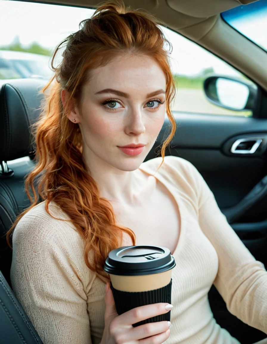 Photography full body portrait of a very beautiful realistic girl,sitting in the car, with a coffee in hand, porcelain skin, very light skin, very pale skin, redhead, wavy, pony tail, Detail of skin structure, hazel eyes, Slit eyes, small-nose, small nostril, think of arched eyebrows, thick lower lip, seductive glance, happy face, unique face, Wear a casual dress, detailed photo, foto realista, Masterpiece Image, sharp image, clear daylight outside