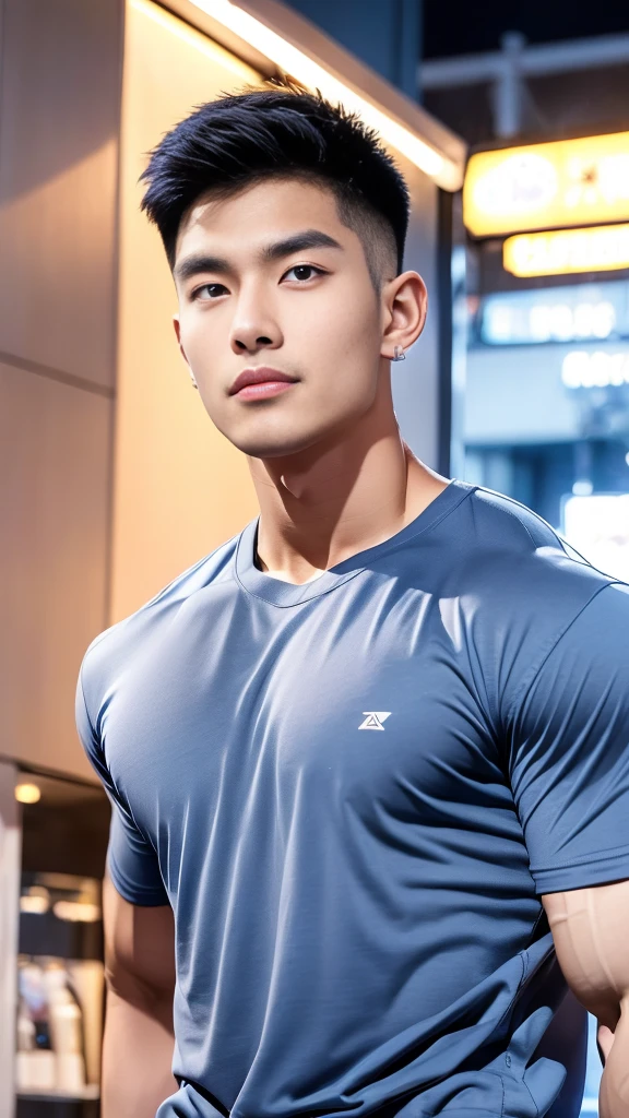 korea male male model, big muscles, handsome, cool, smoothly combed hair, pierced ears, wearing a t-shirt navy top, holding a lollipop, portraiture, modeling, dynamic pose, Japanese street, late at night, store lights trade, full half body shot