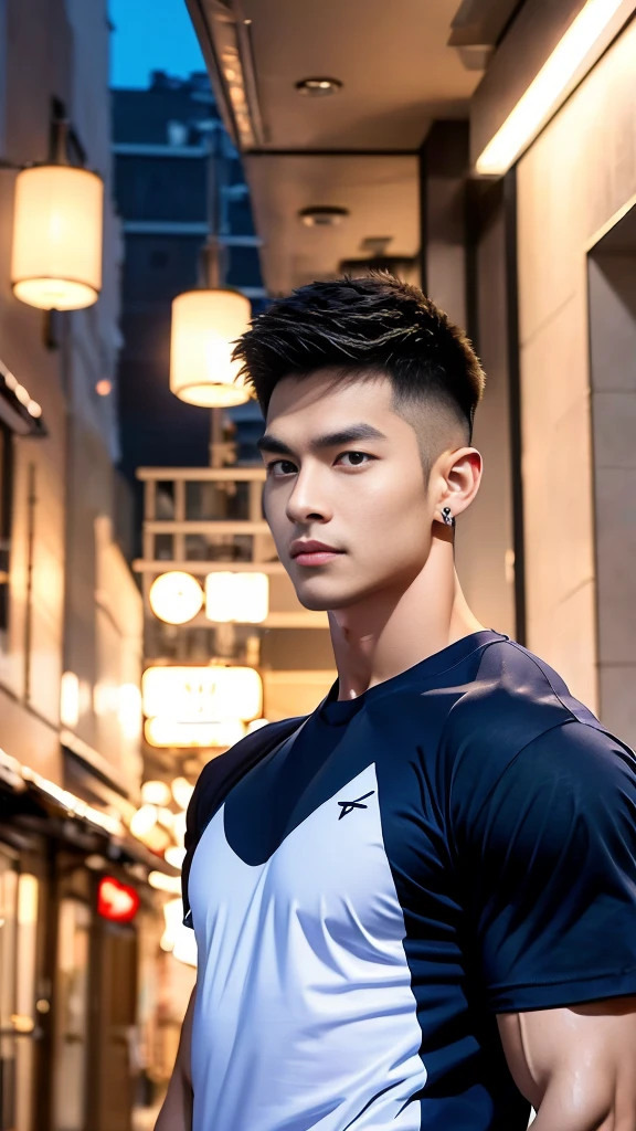 korea male male model, big muscles, handsome, cool, smoothly combed hair, pierced ears, wearing a t-shirt navy top, holding a lollipop, portraiture, modeling, dynamic pose, Japanese street, late at night, store lights trade, full half body shot