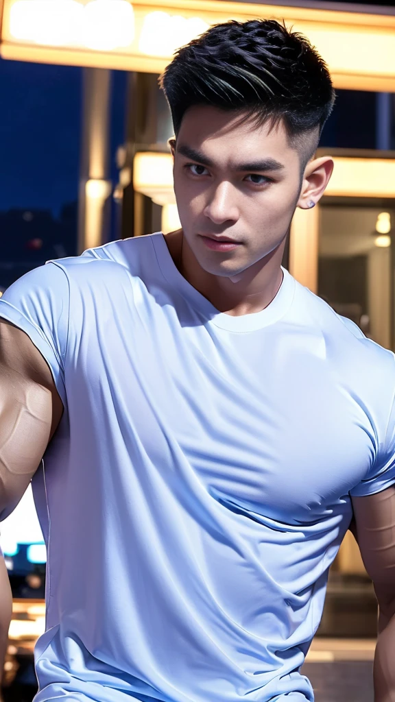 korea male male model, big muscles, handsome, cool, smoothly combed hair, pierced ears, wearing a t-shirt navy top, holding a lollipop, portraiture, modeling, dynamic pose, Japanese street, late at night, store lights trade, full half body shot