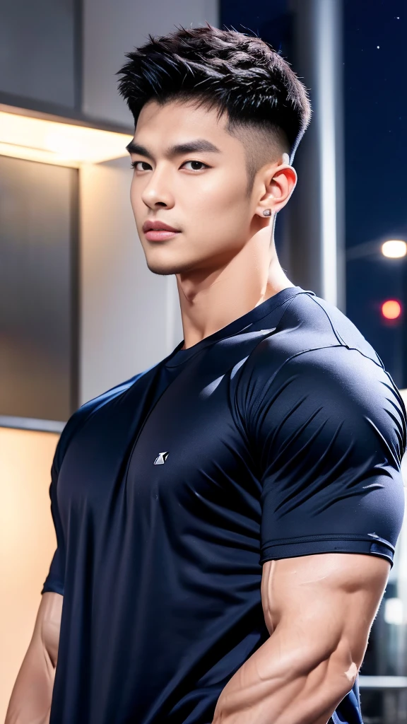 korea male male model, big muscles, handsome, cool, smoothly combed hair, pierced ears, wearing a t-shirt navy top, holding a lollipop, portraiture, modeling, dynamic pose, Japanese street, late at night, store lights trade, full half body shot